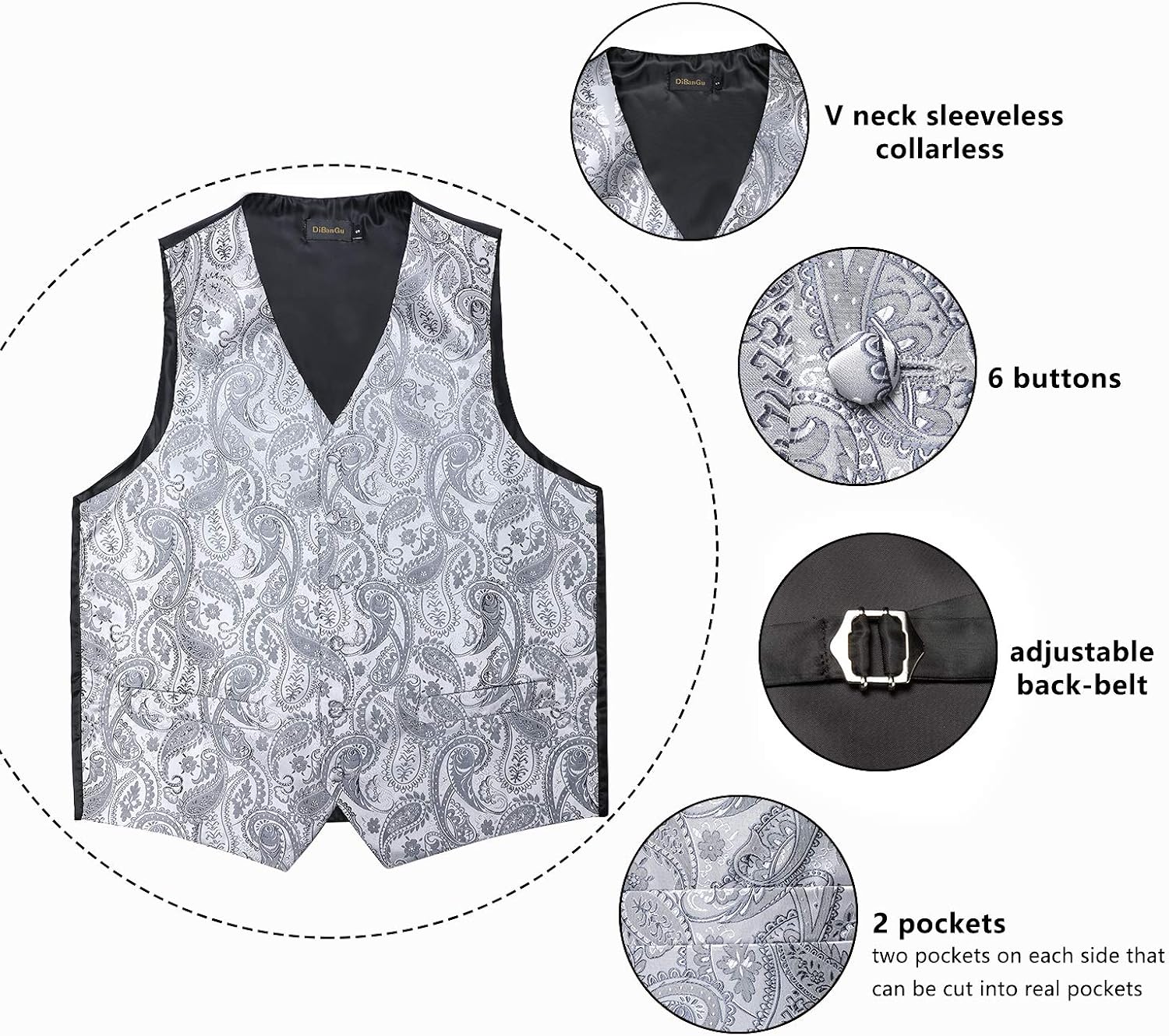 DiBanGu Mens Suit Vest Set, 5 PCS Tuxedo Waistcoat and Tie Pocket Square Cufflinks Tie Ring for Wedding at  Men’s Clothing store