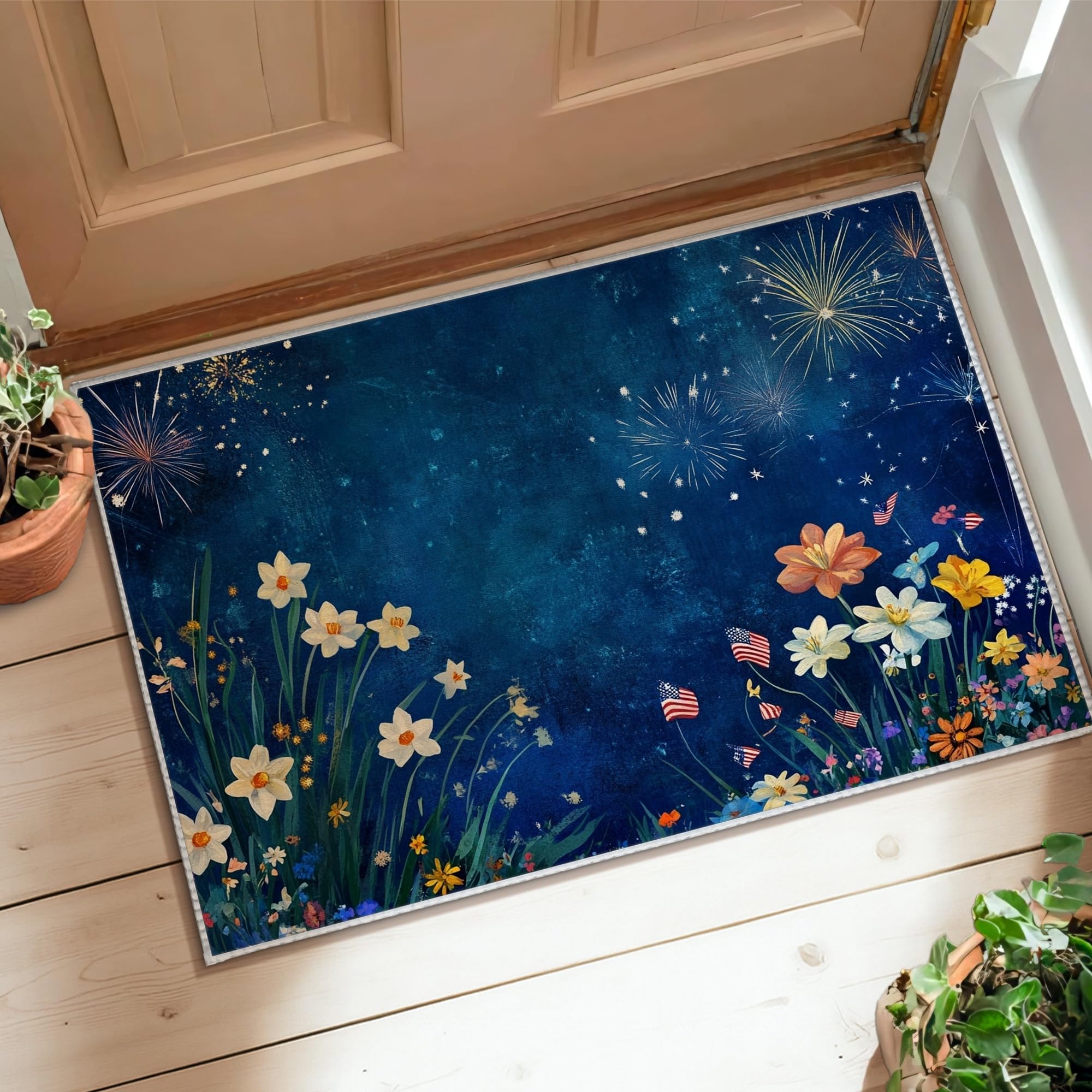 Tapis floral d'été bleu rectangulaire 0,6 x 0,9 m