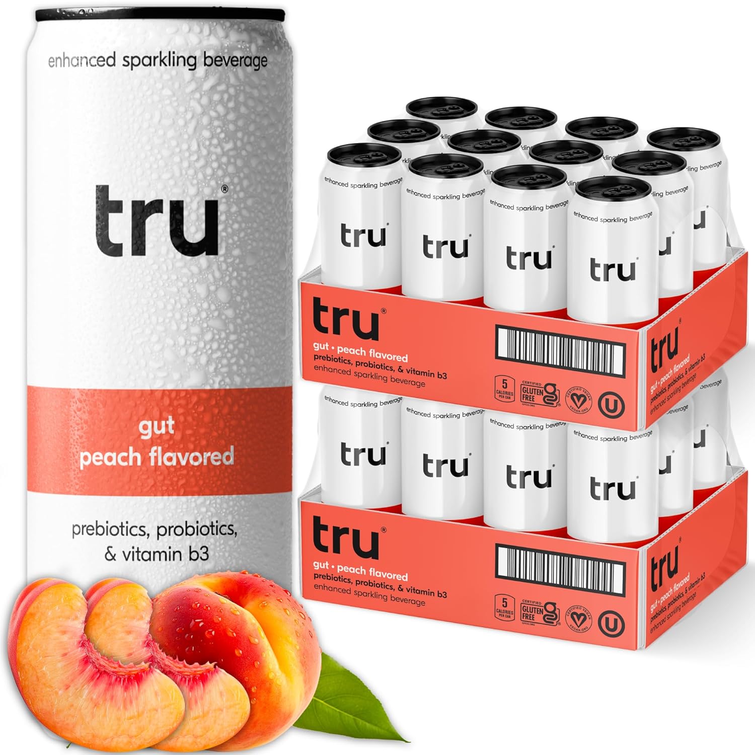 Tru Gut Seltzer, Sparkling Water with Prebiotics, Probiotics & Vitamin B3, Peach Juice & Natural Flavor, Lightly Carbonated, Gluten Free, Vegan, Caffeine Free, Low Calorie, 12 FL OZ Cans, 12 Pack