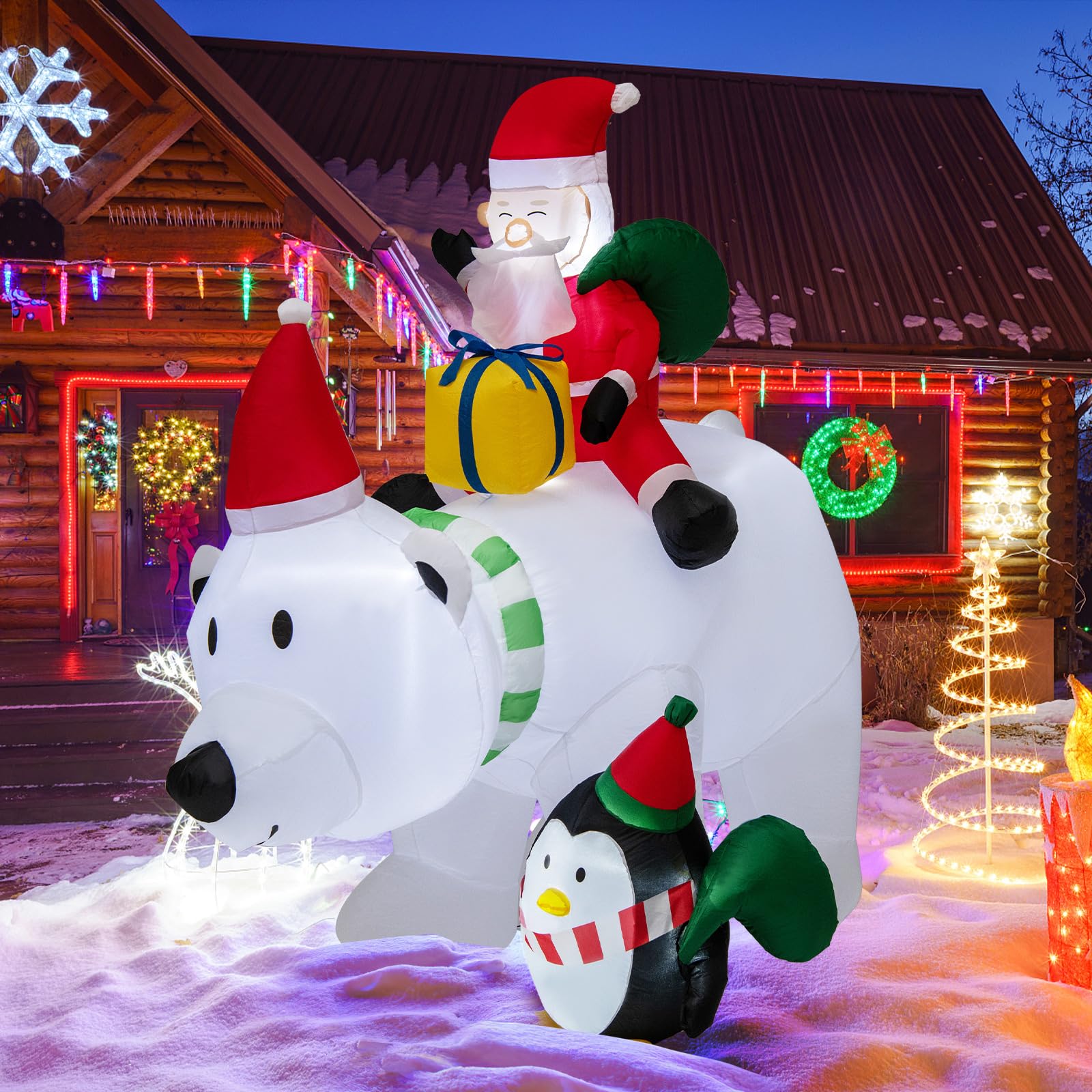 COSTWAY Decorazione Gonfiabile di Natale 210 CM, Babbo Natale Gonfiabile che Cavalca Orso Con Illuminata a LED, Funzione di Scuotimento della Testa, per Prato, Giardino e Cortile
