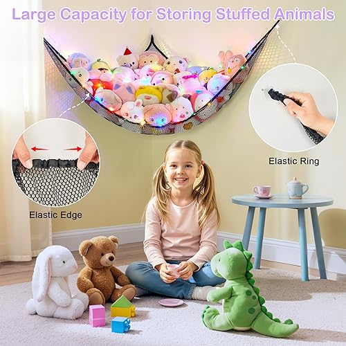 Miniatura 3 de Basumee Red de animales de peluche o hamaca con luz LED, hamaca de red de juguetes para almacenamiento de animales de peluche, hamacas para cuarto