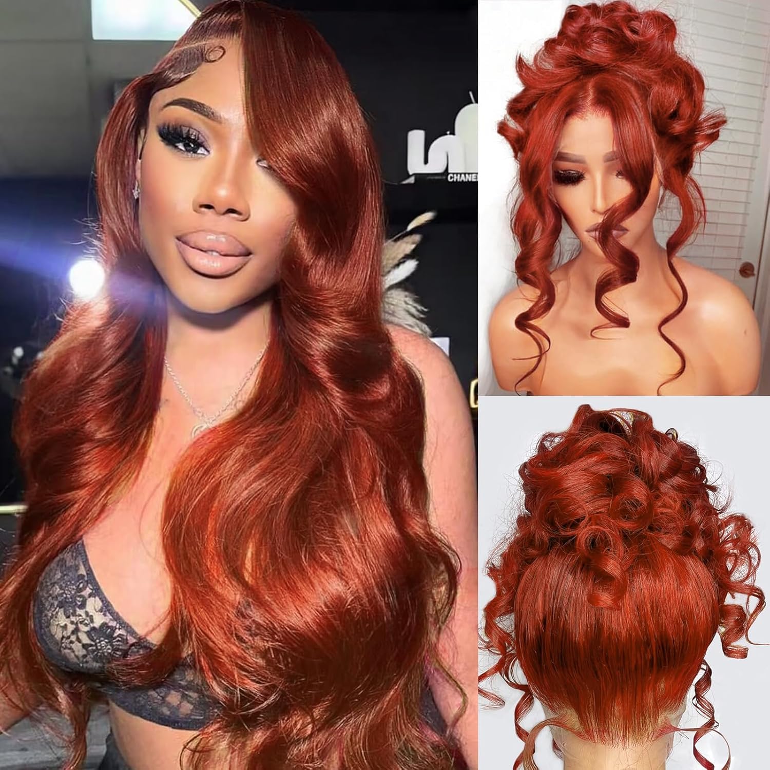 Auburn reddish brown body wave with ponytail-able 360 HD lace — 4.4 stars across 337 ratings.