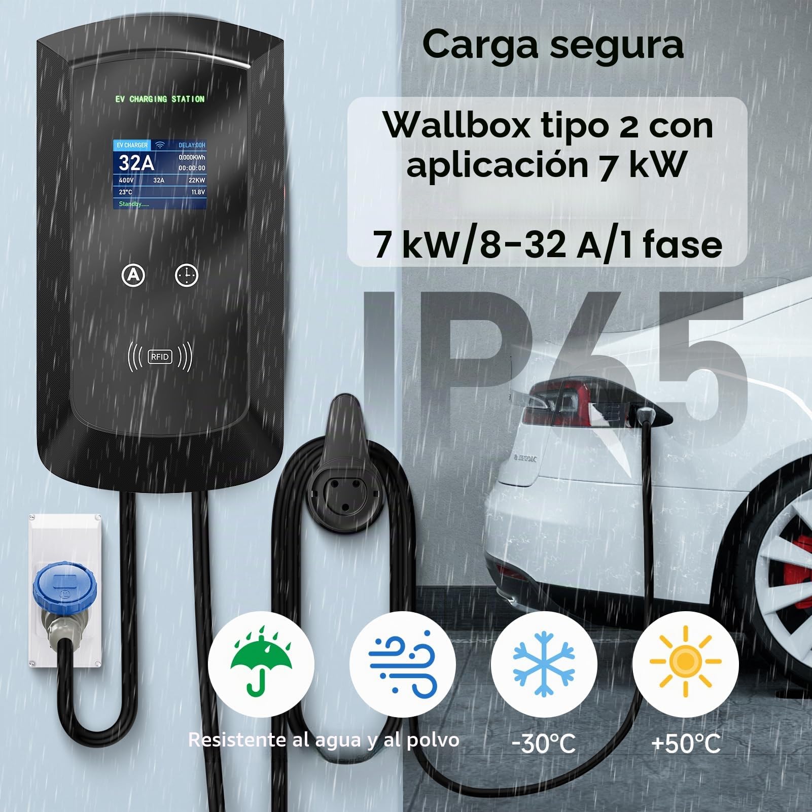 Cargador Coche Eléctrico Tipo 2 CEE, 7kW/ Monofásica / 8-32A / IP65 Impermeable, Cargador Coche Electrico con Control App/RFID, Enchufe Europeo IEC 62196-2 con Cable 5M