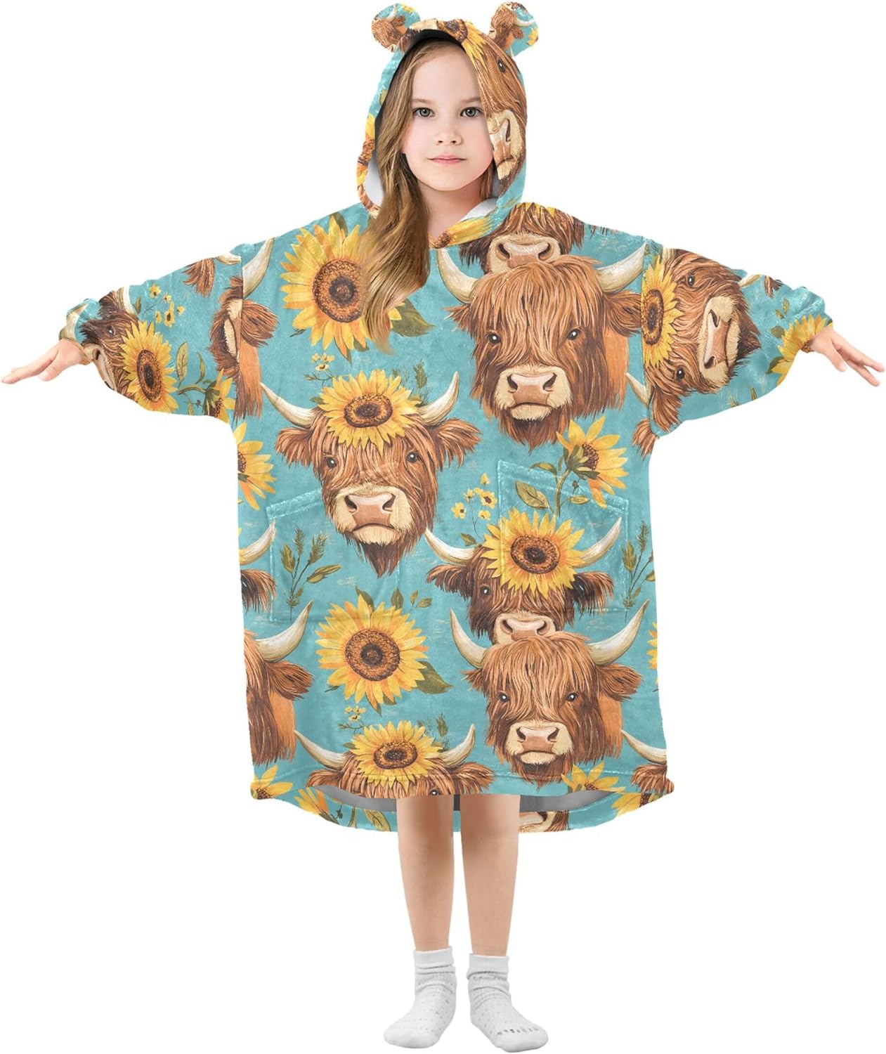 Highland Cow Sunflower Cute Kids Wearable Blanket Hoodie and Sleeves for Toddlers, Cute Hoodies Girls B0403917
