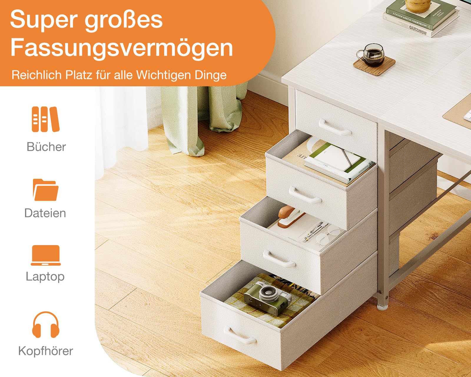 Coleshome Schreibtisch Mit 8 Stoff Schubladen, 120x48cm Schreibtisch Weiß Mit Stauraum Computertisch Vielseitg, Bürotisch PC Tisch Officetisch Für Büro, Wohnzimmer, Home Office