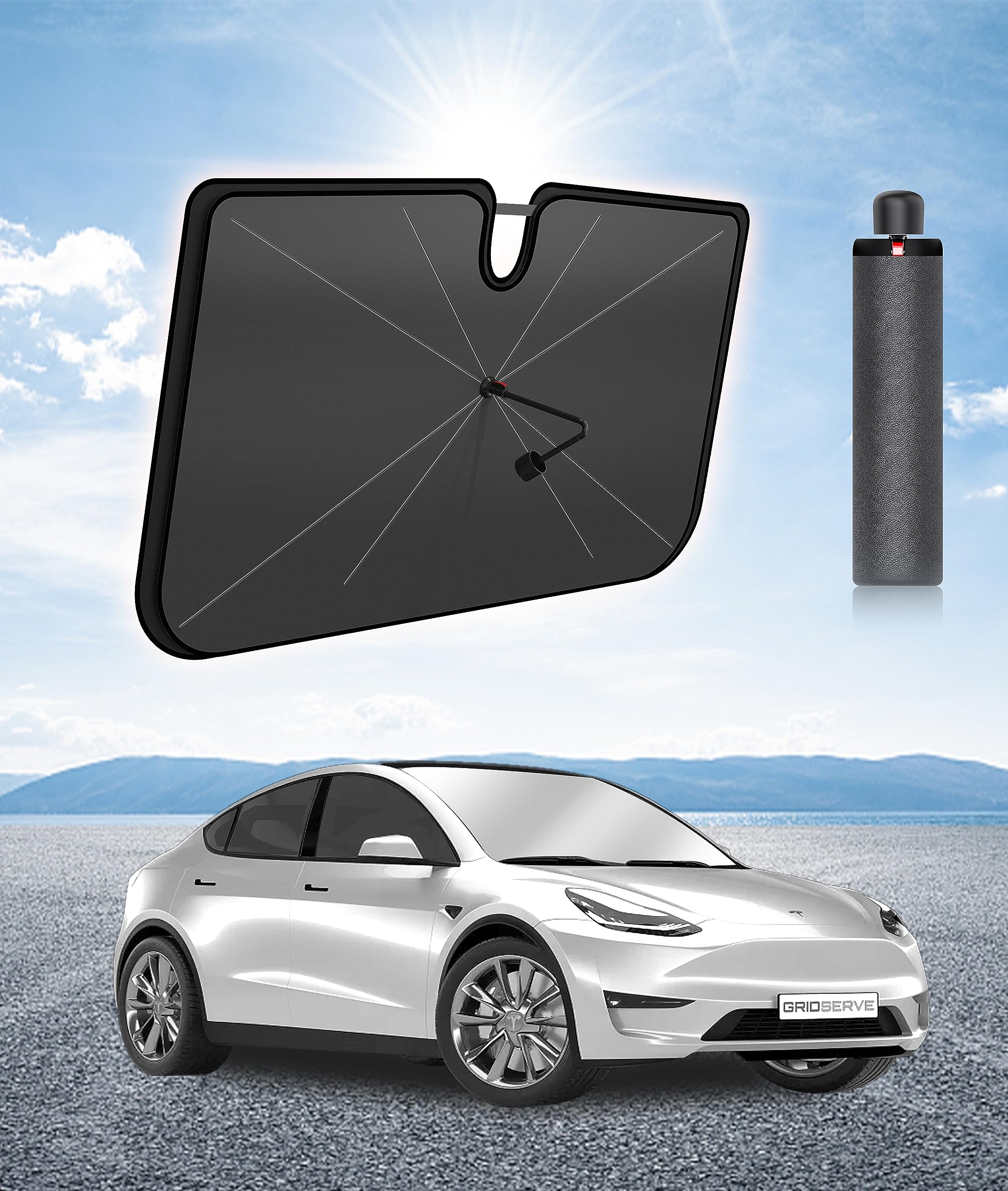 [2025 Upgraded] Windshield Sun Shade Umbrella for Car - [Vinyl Coating] Protect Car Interior from Sun Heat Damage Keep Cool, Sun Visor Cover Foldable Sunshade for Front Window (53" L X 29" W)