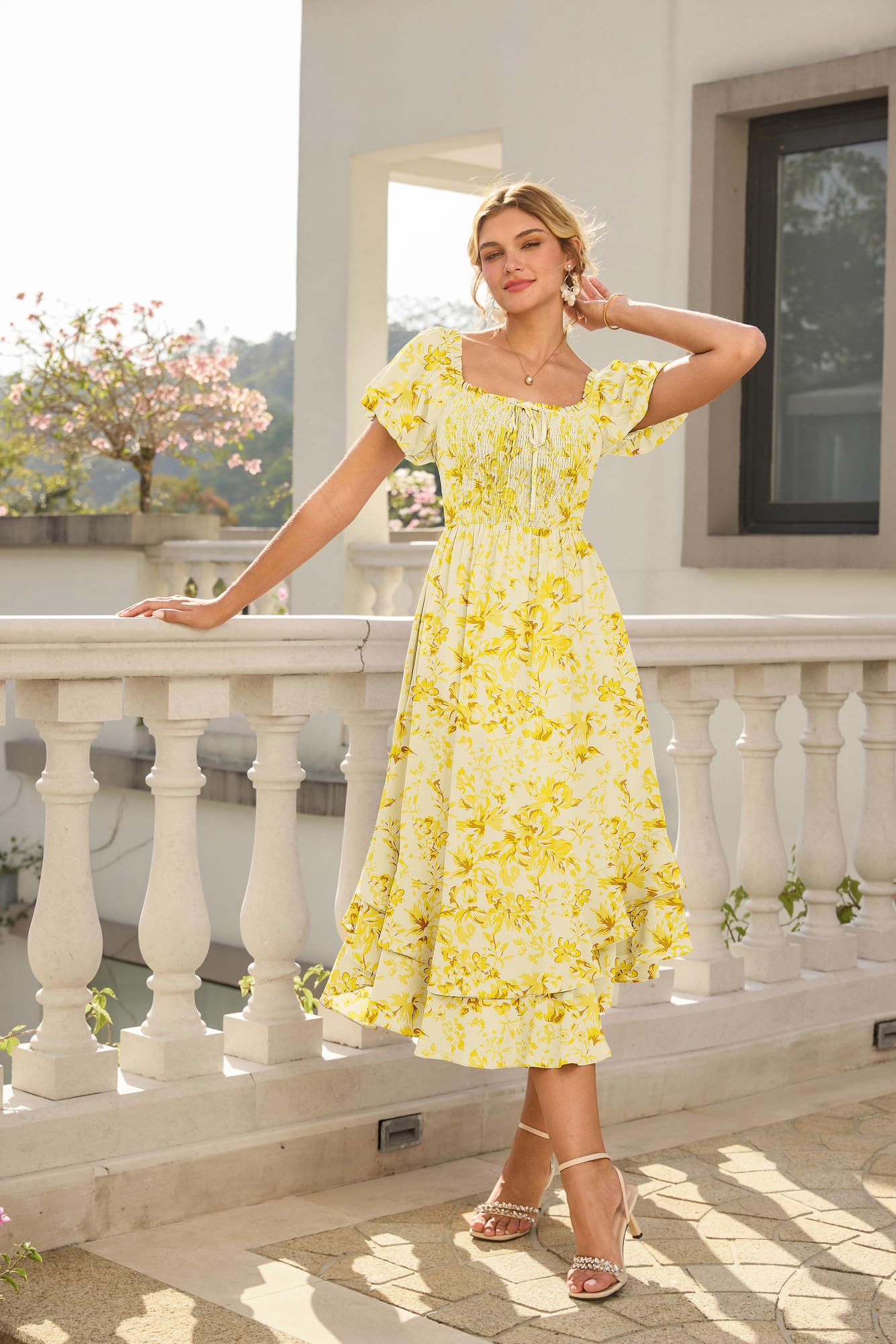 GRACE KARIN Damen Sommerkleid Puffärmel A-Linie Maxi Blumenkleid mit Taschen für Hochzeitsgäste Strand