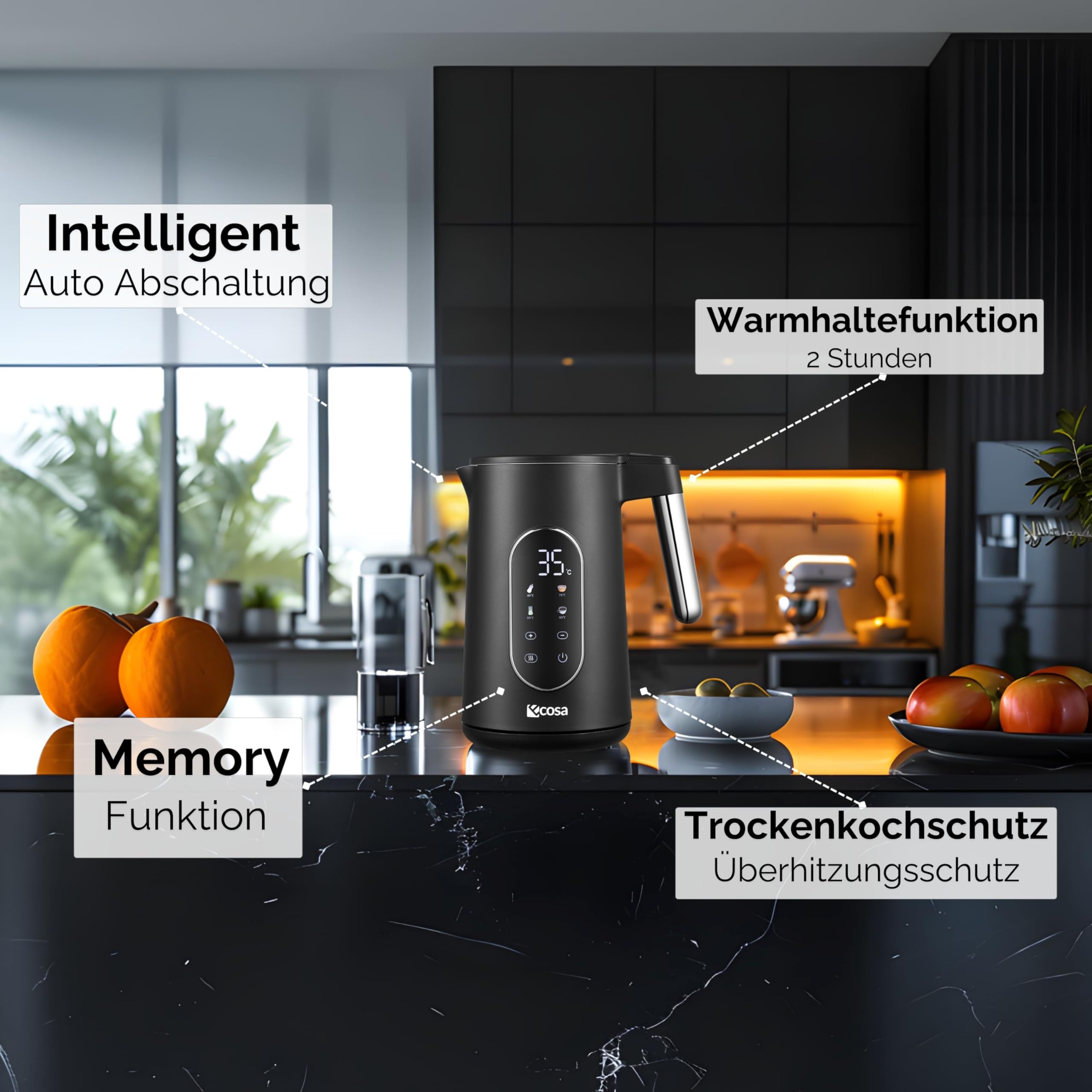 Wasserkocher Edelstahl mit Temperatureinstellung (40°C-100°C) 1,7 Liter 2200 Watt Teekocher 100% BPA FREI Warmhaltefunktion LED Display mit Temperaturwahl Wasser Kocher Water Kettle (Silk Schwarz)