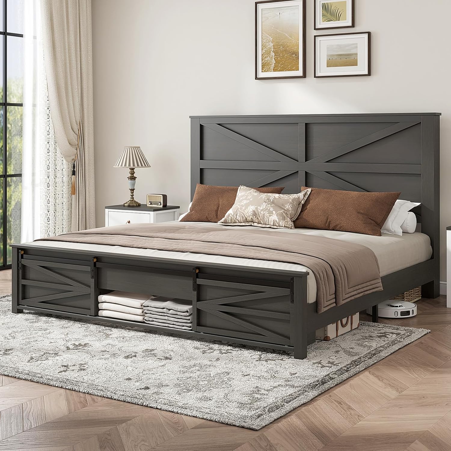 Albott Farmhouse Queen Size Bed Frame, Wood Platform Bed