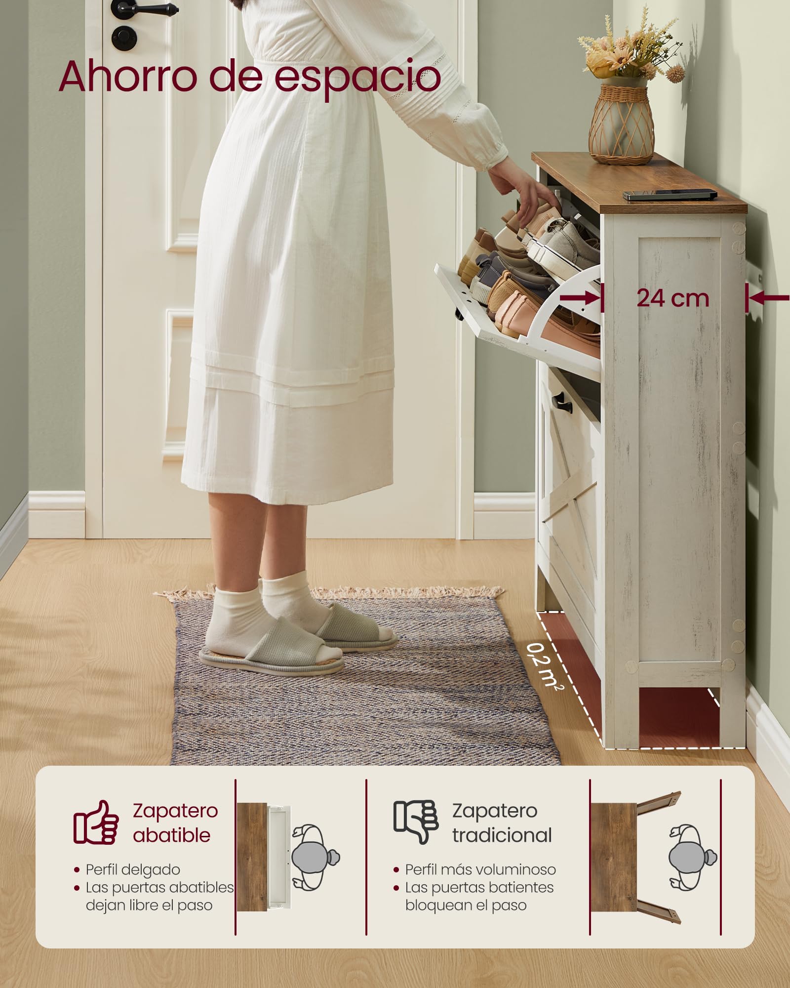VASAGLE LIRY Colección - Mueble Zapatero, con 2 Cajones Abatibles, Zapatero Estrecho Independiente para Entrada, Estilo Rústico, para 12 a 16 Pares, Blanco Rústico HSC201W01