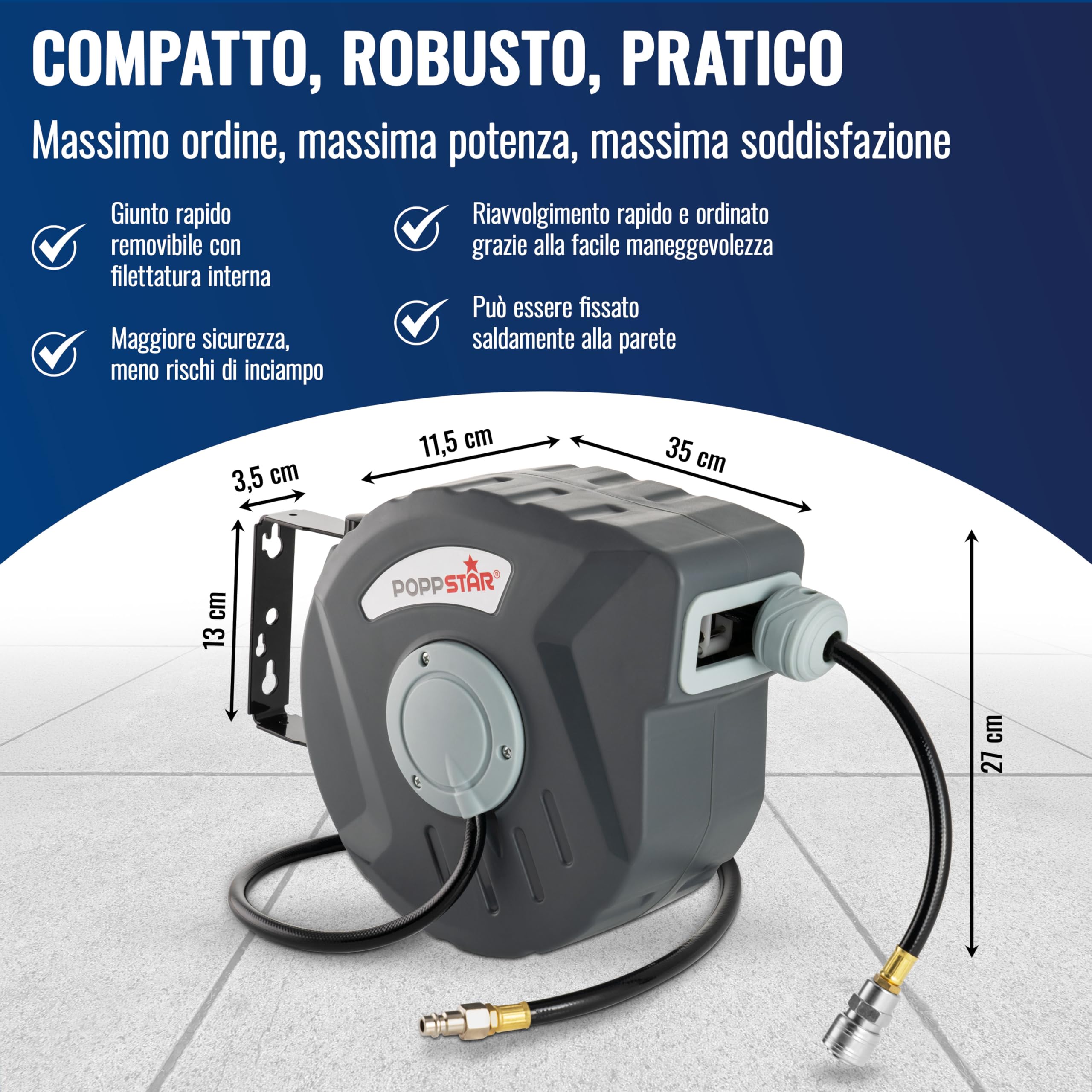 Poppstar Avvolgitubo per tubi ad aria compressa (tubo: 10m + 1m, diametro interno 5/16" (8x12mm), 1/4" BSPT), arrotolatore tubo con riavvolgimento automatico per tubi ad aria compressa