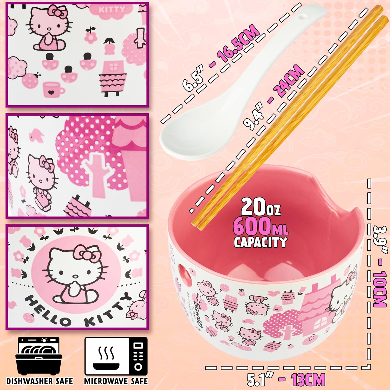 Get Trend Hello Kitty Sanrio Ramen Bowl 3 Pc Set with Bamboo Chopsticks, Spoon for Kids Teens Women, 20oz Bowl, Microwave Safe Kawaii Gifts for Teens (Multi Hello Kitty) - Image 6