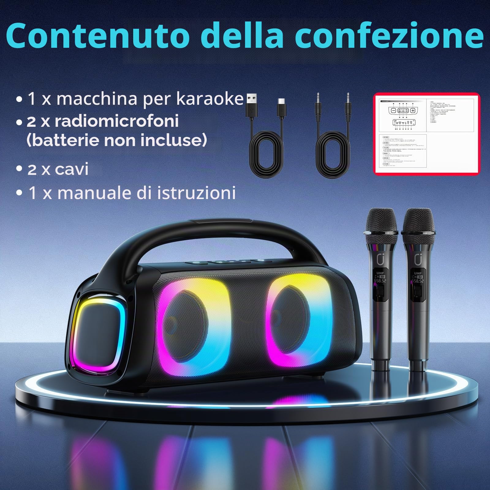 JYX Karaoke con 2 Microfonos, Bluetooth Cassa Karaoke Professionale Completo con Suono Stereo Potente, 2 Karaoke Microfoni Wireless 30M, TF/USB/AUX, RGB, Lunga Autonomia