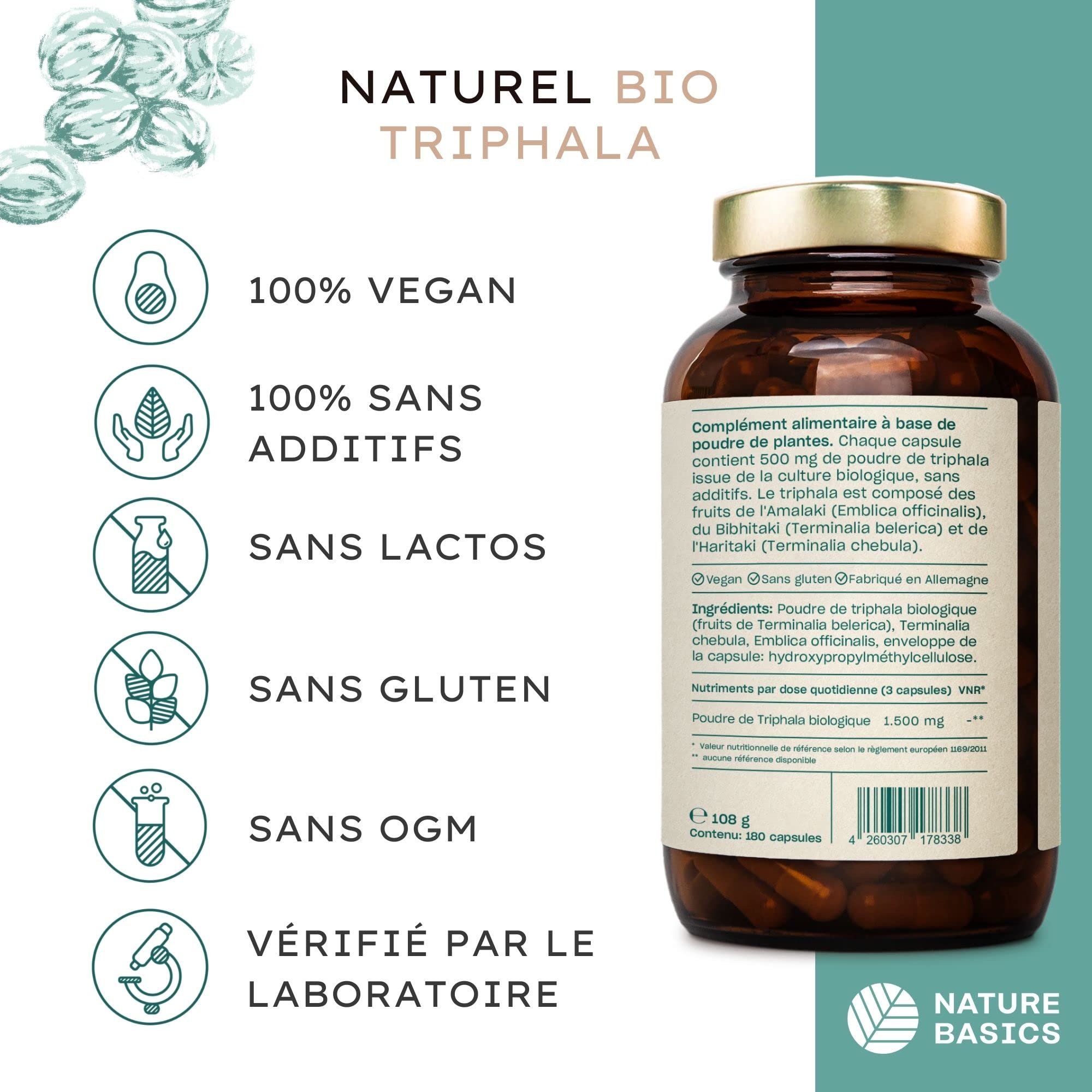 Nature Basics® Gélules de Triphala BIO certifiées & durables en pot | Triphala naturel hautement dosé à 1.500mg par dose journalière | 180 gélules testées en laboratoire & en provenance d'Allemagne