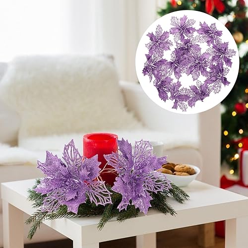 Miniatura 7 de DEARMAMY 1 juego de 12 rosas huecas de Navidad verdes con purpurina de Navidad artificiales para árbol de Navidad, flores artificiales para árbol de