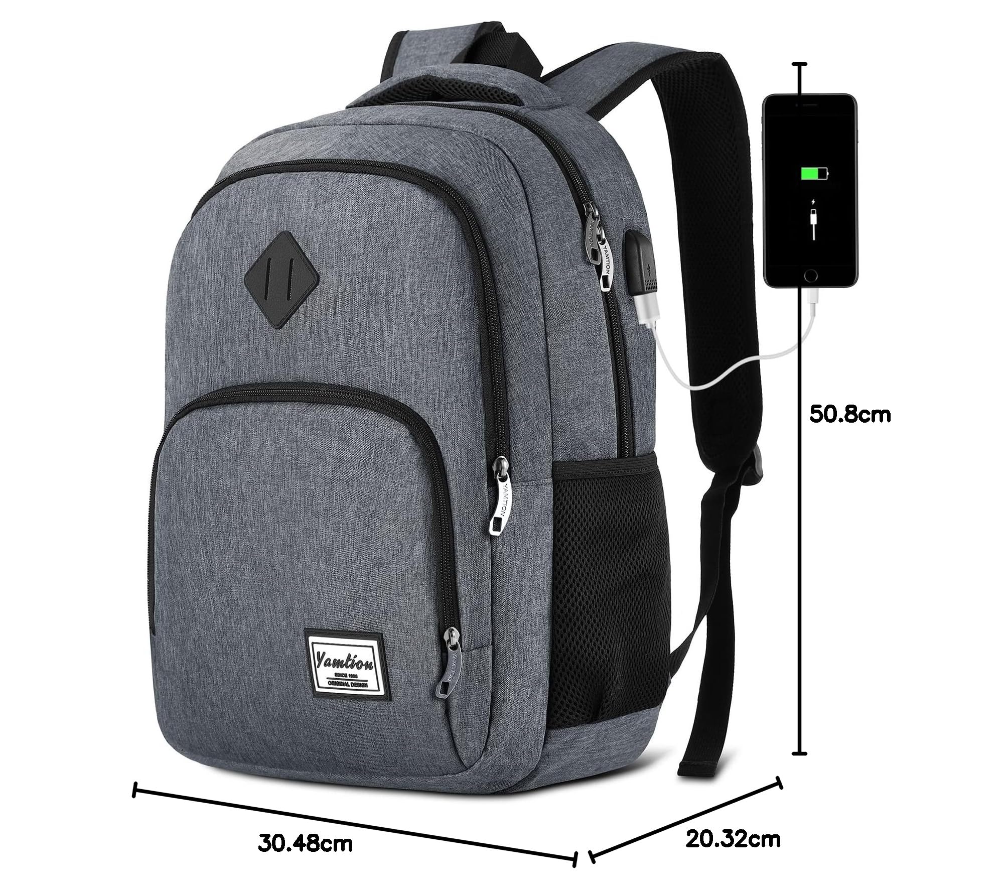 YAMTION - Zaino per uomo e donna, zaino per la scuola, per adolescenti, per laptop da 17,3 pollici (44 cm), zaino per computer portatile, con porta di ricarica USB, per lavoro, studio, viaggi