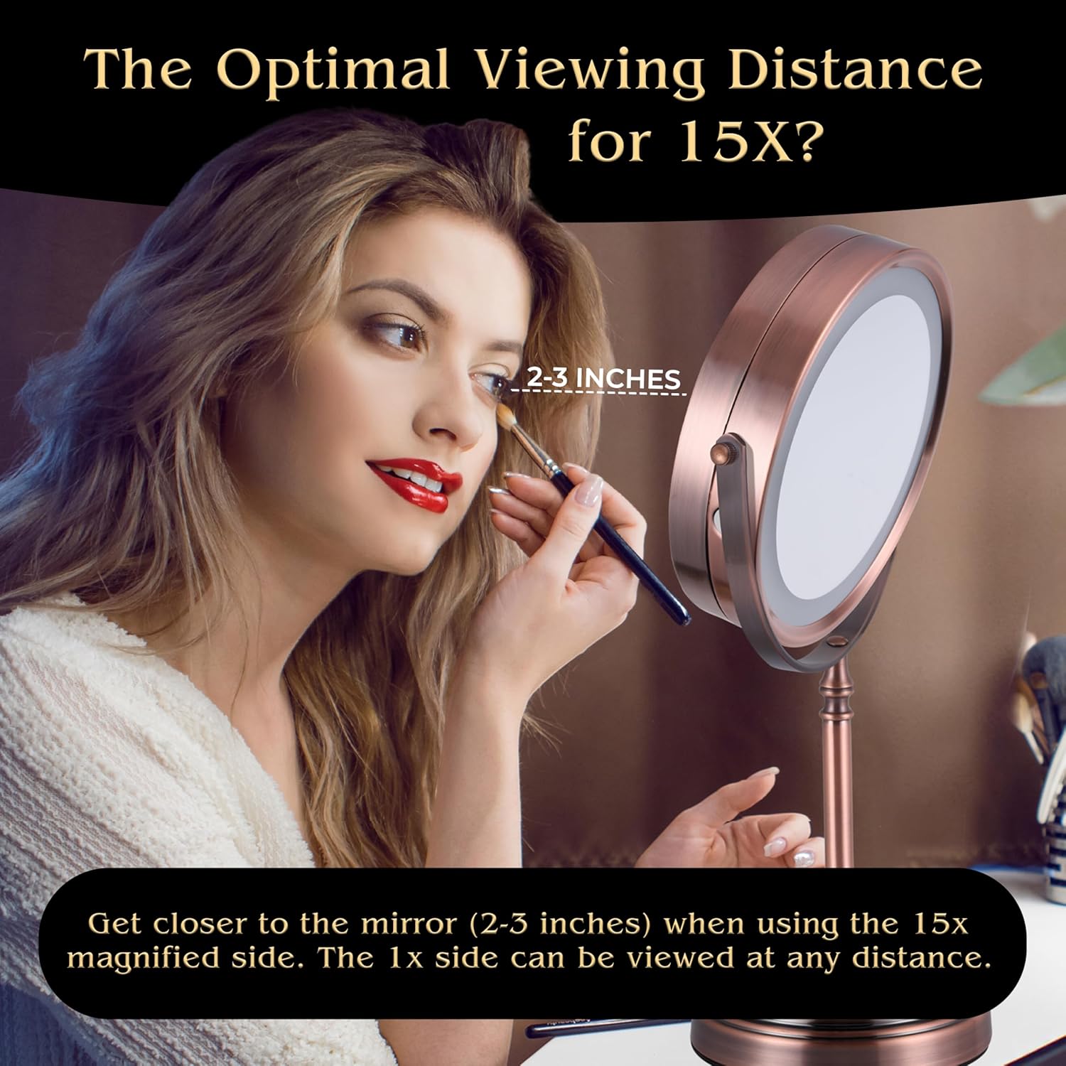 MIRRORVANA Lighted Make Up Mirror with 15X Magnification - 15X & 1X Double Sided LED Makeup Mirror with 3 Lighting Modes, Rechargeable Battery with USB Cable - 8" Wide & 15" Tall (Antique Bronze) - Image 6