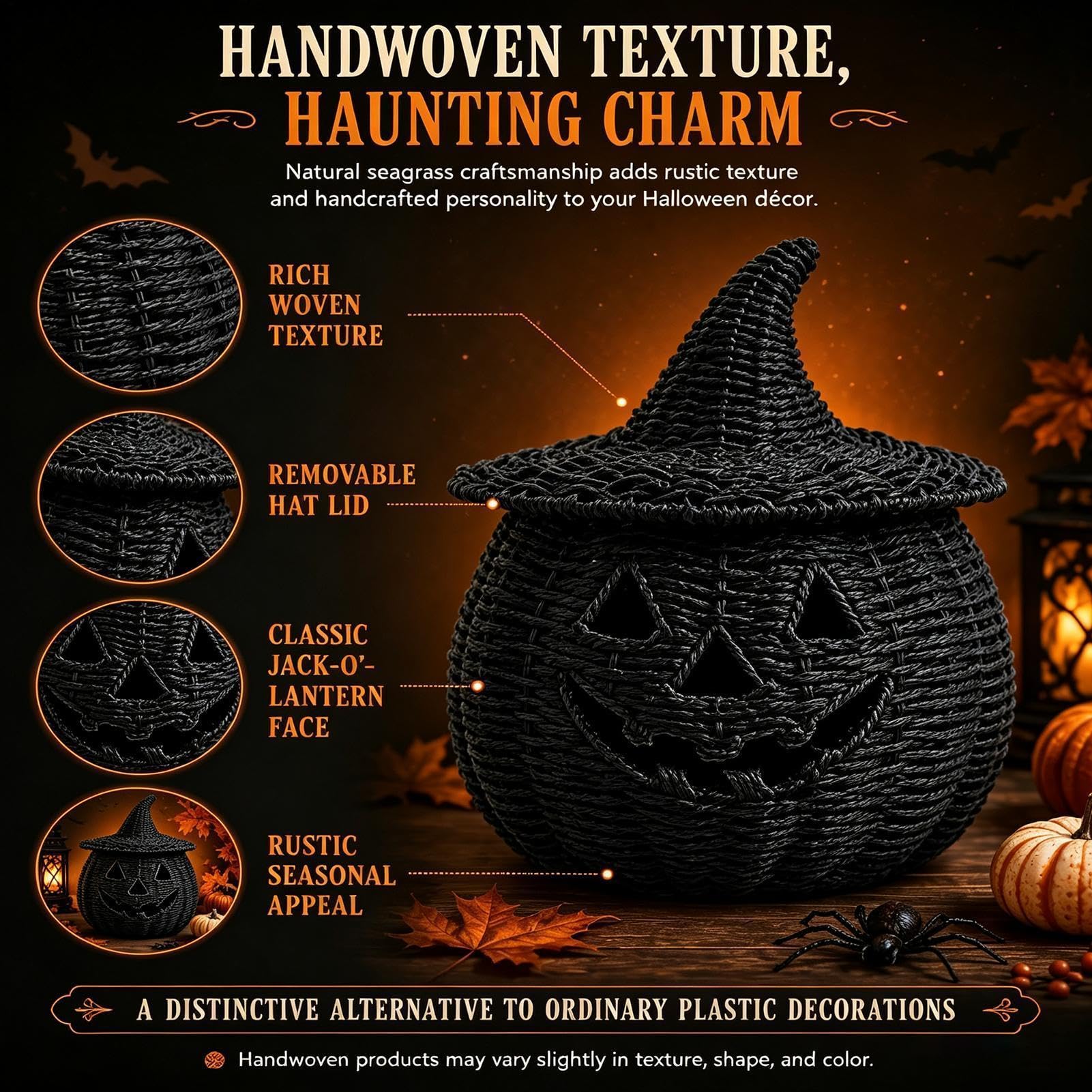 Czarny pleciony kosz dyniowy Halloweenowy pojemnik ze świeczką LED | Czarne pojemniki na słodycze Do Salonu W Farmhouse, Na Kominek, Stół, Werandę I Imprezy Świąteczne
