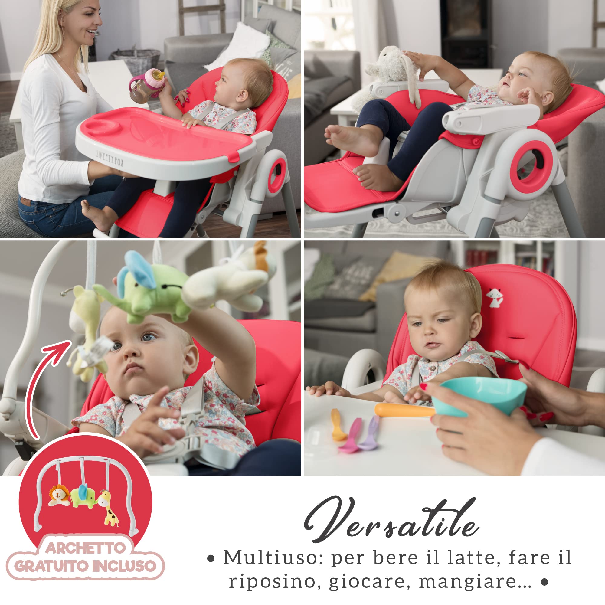 Seggiolone Pappa Regolabile e Pieghevole - 7 Livelli Diverse, Schienale Bambino Pieghevole 5 Posizioni, Ripiano Smontabile, Vassoio a Clip (Facile da Pulire) - Rosso Lampone