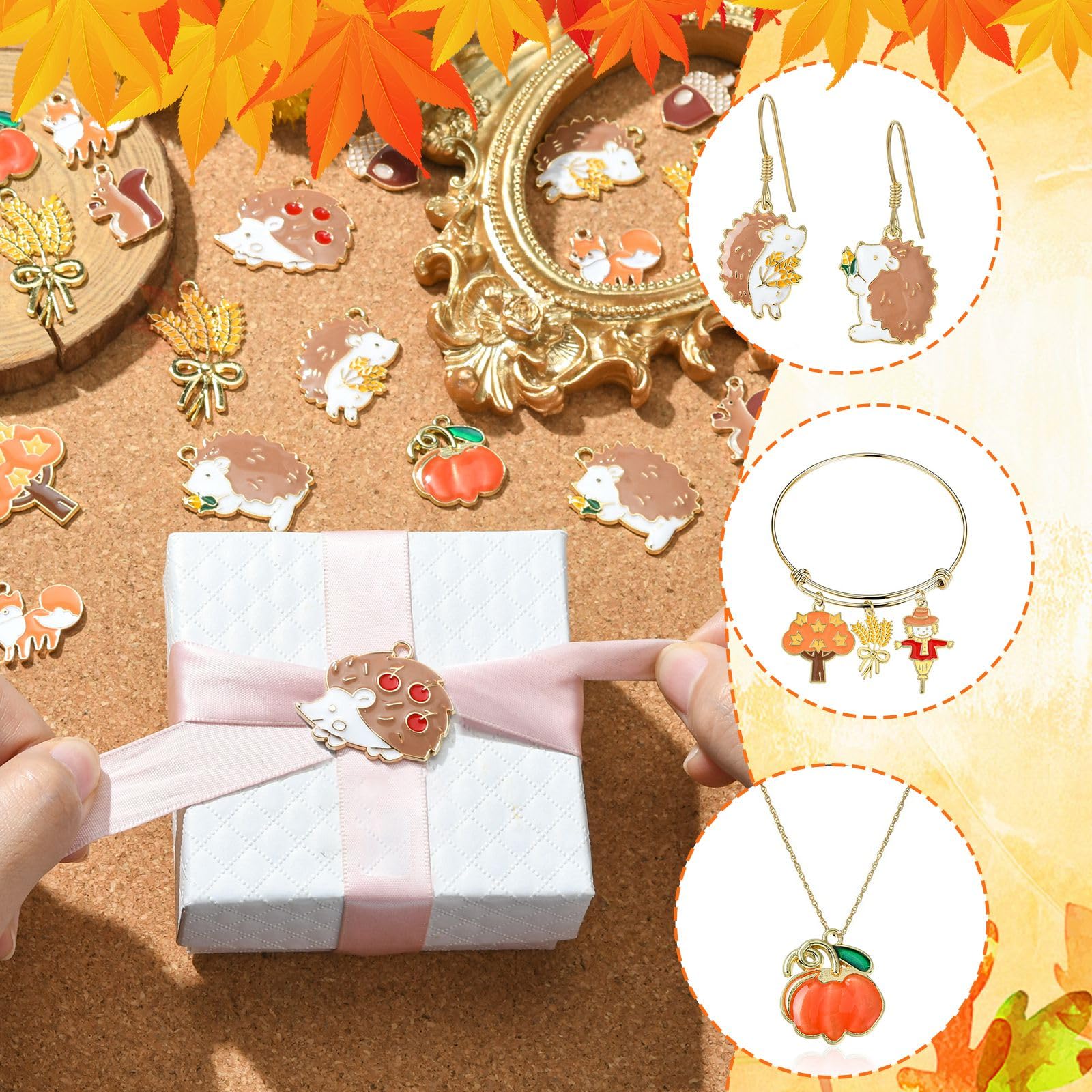 Stiesy 40Pcs 10 Style Enamel Autumn Theme Charms Pendants Squirrel Fox Acorn Charms Scarecrow Hedgehog Dangle Charms for DIY Crafts Bracelet Jewelry Making - Image 3