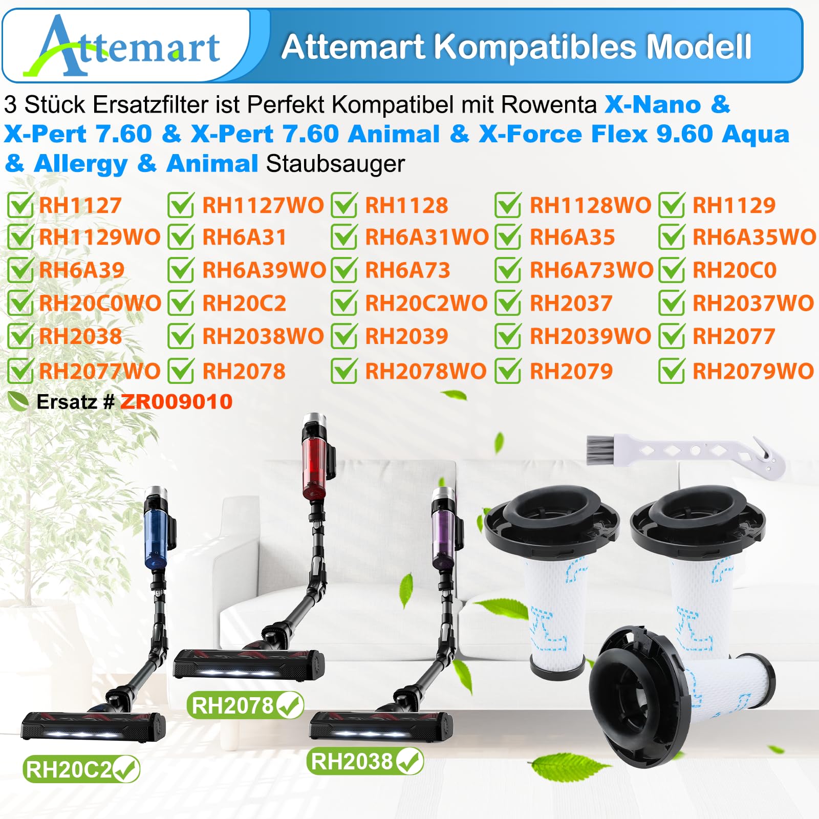 Filtri di Ricambio per Rowenta X-Pert 7.60 Animal/X-Force Flex 9.60 Aqua RH6A31 RH6A33 RH6A73 RH20C0 RH2077 X-Nano RH1127 RH1129 Aspirapolvere Accessori, Alternativa a ZR009010, 3 pezzi