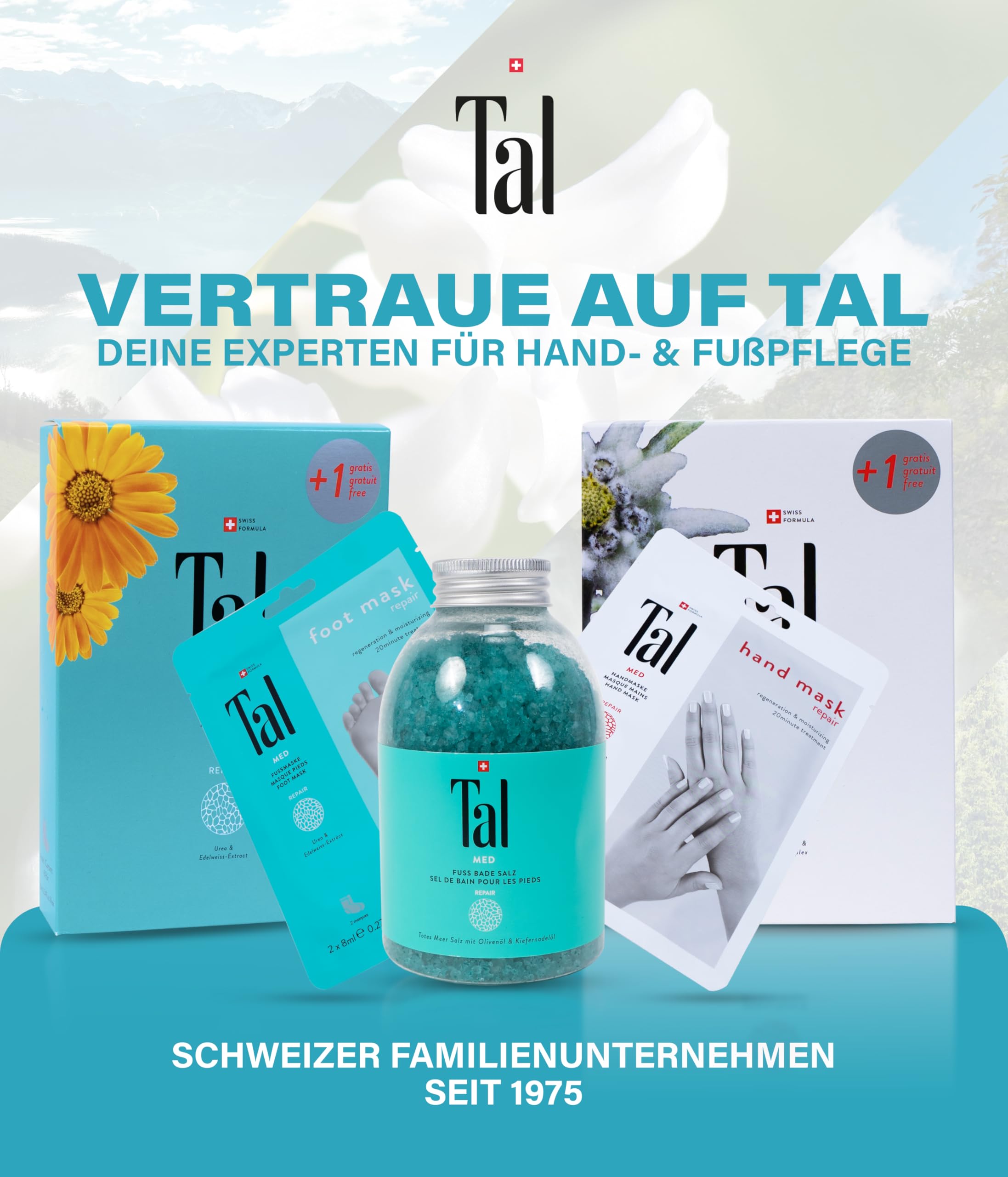 Tal® MED Repair Fußmaske 6er-Set – Hornhaut Socken für trockene & beanspruchte Füße | Regenerierende Feuchtigkeitsmaske mit Urea & Edelweiß | Ohne Peeling, sanft & pflegend | Wellness | bis Gr. 42