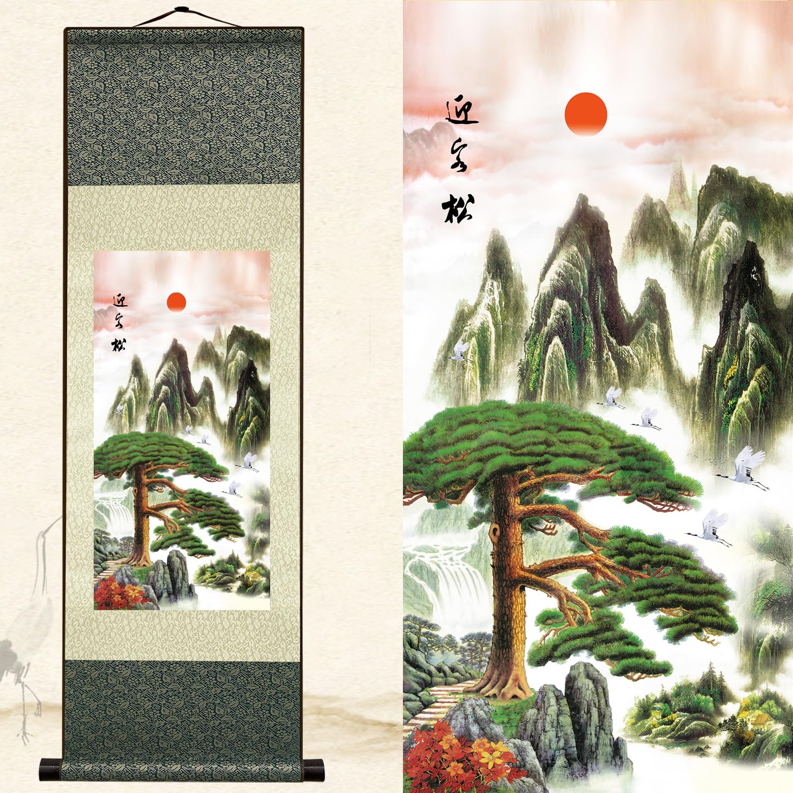 Newscz Family Wall Art for Bedroom Decorations - Silk Scroll Landscape Painting Poster Prints - Hallway and Asian Room Decor Wall Tapestry Hanging - Home Decorations 36 by 12 in