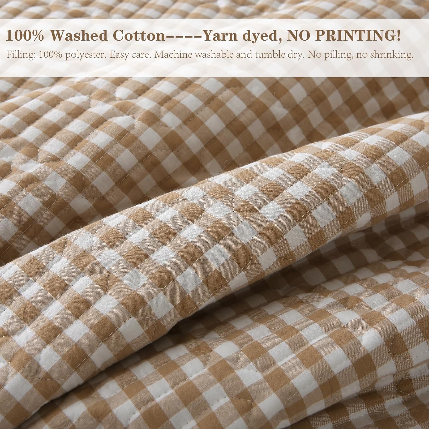 Taupe White Ruffle Gingham Quilt Set Queen Size with Pillow Shams, 100% Washed Cotton Yarn-Dyed Quilted Bedspread Bedding Set (Taupe, Queen)