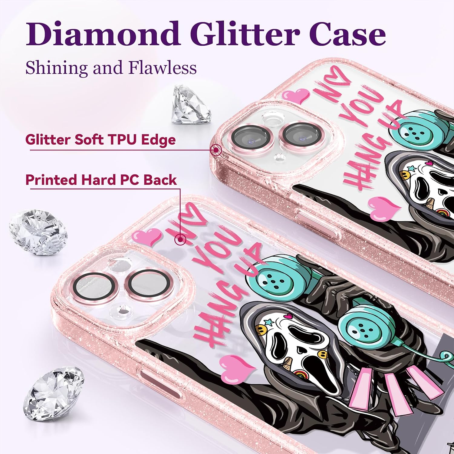 Compatible for iPhone 13 Case Cute Aesthetic - Glitter Pink Phone Case with Camera Protector - Girly Skeleton Skull Pattern Print Cover Design for Woman Girl 6.1"