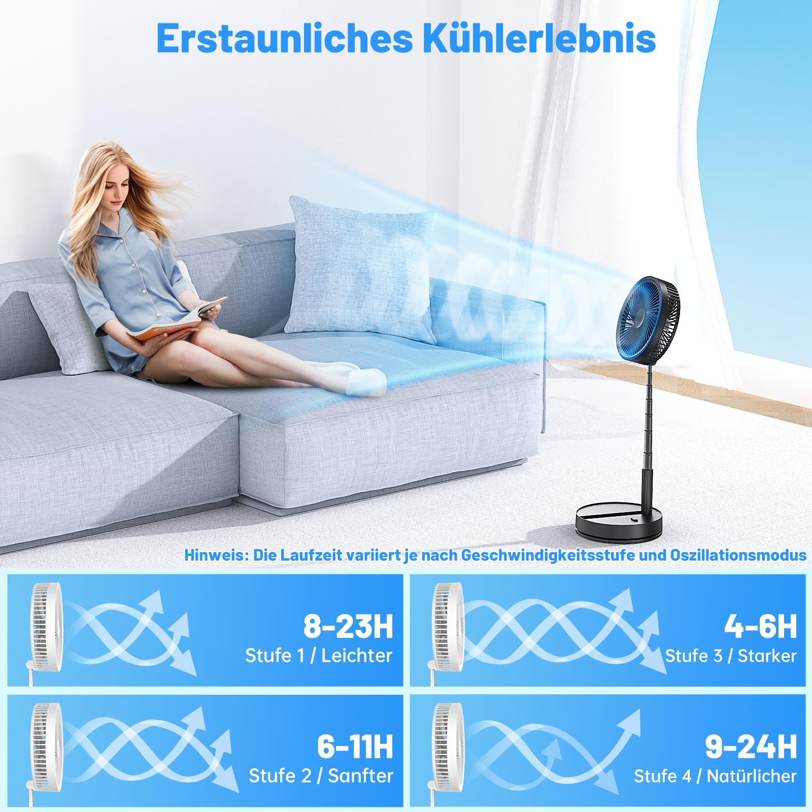 Leise Tragbarer Ventilator mit Fernbedienung - 8,6" Faltbarer Fan | Oszillierend, 4 Betriebsmodi, 4 Timer, 8000mAh Akku. Tisch & Stand Ventilator. Ideal für Schlafzimmer Büro Camping Reisen