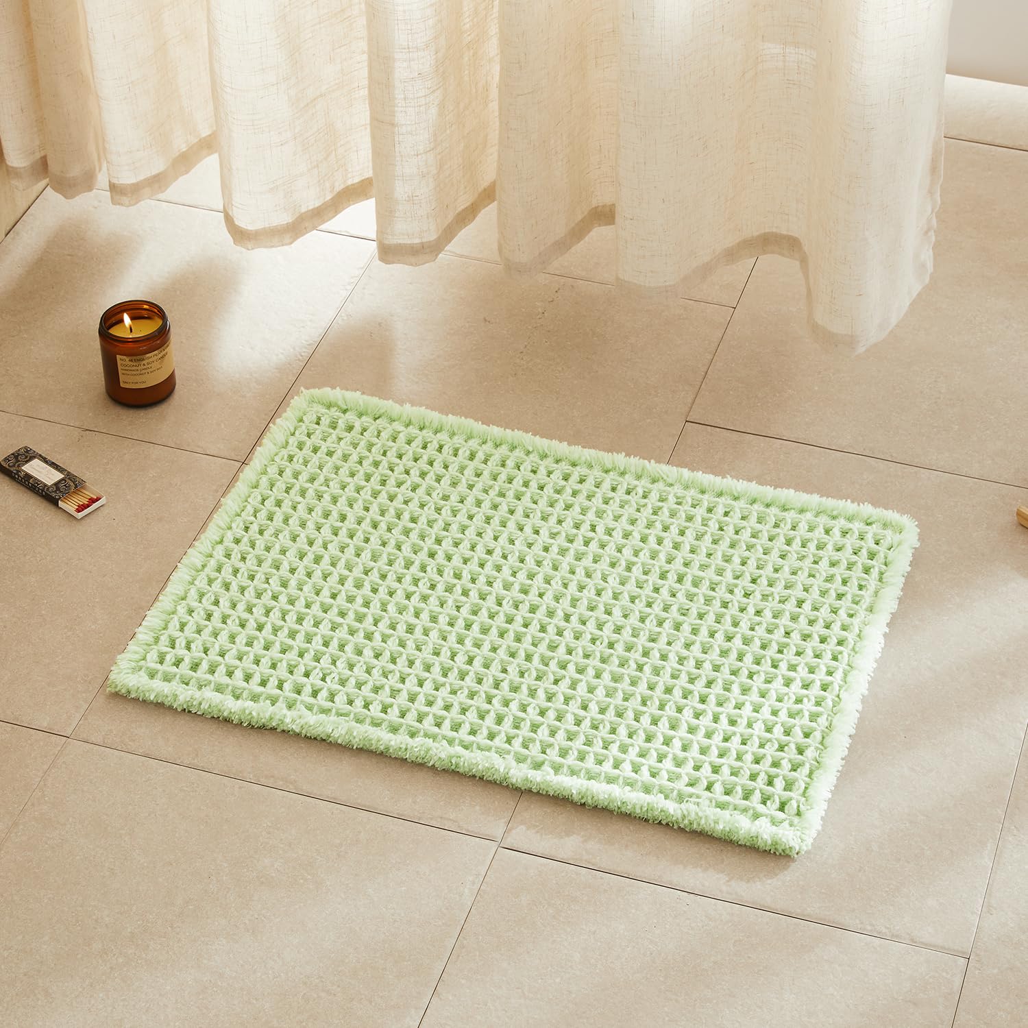 TYUU Waffle Bath Mat, Small Boho Bathroom Rugs Non Slip 24x16 Pale Green