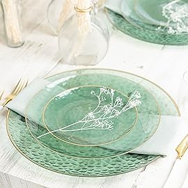 PLASTICPRO 64 Piece Combo Plates Set includes 32-7\'\' inch Plate & 32-10\'\' inch Plates Green Hammered Plastic PartyPlates Premium heavyweight Elegant, Disposable, Tableware, Dishes,