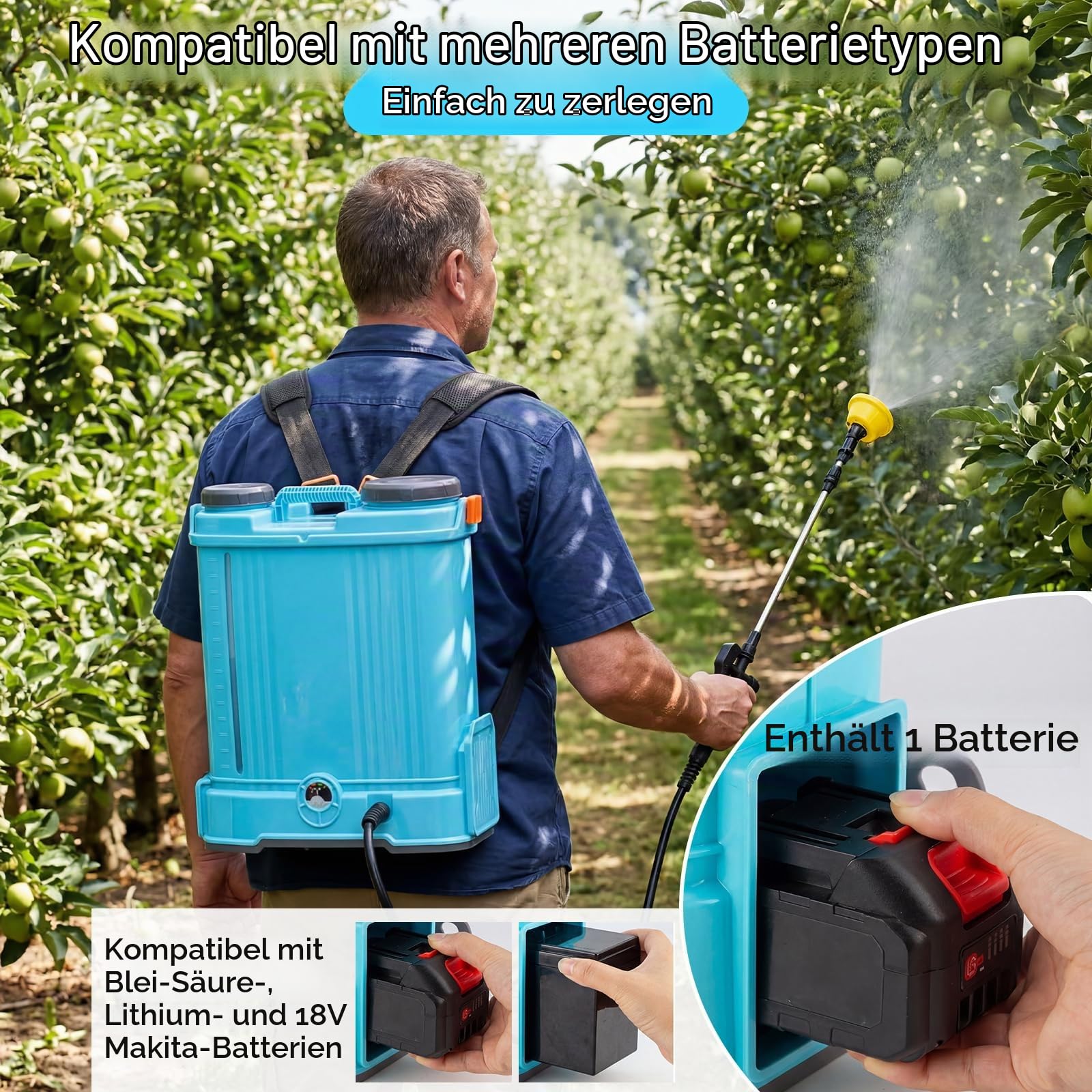 Akku Drucksprüher 16L, 100 PSI Gartenspritze Elektrischer Pflanzensprüher Sprinkler mit 21V Batterie, 5 Düsen & Teleskopstab zum Bewässern, Sprühen von Pestiziden und Reinigen von Geräten