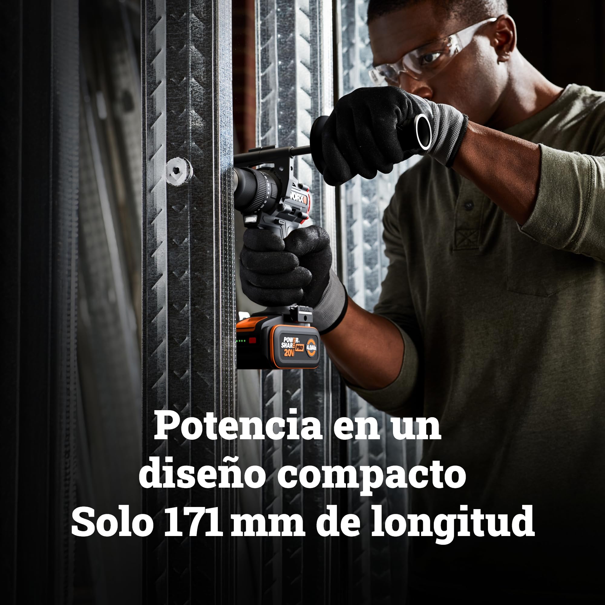 WORX - Taladro atornillador de percusión inalámbrico de 20 V WX356, par máximo de 85 Nm, motor sin rosca, diseño compacto, iluminación led integrada, viene con 2 baterías, cargador, mango auxiliar