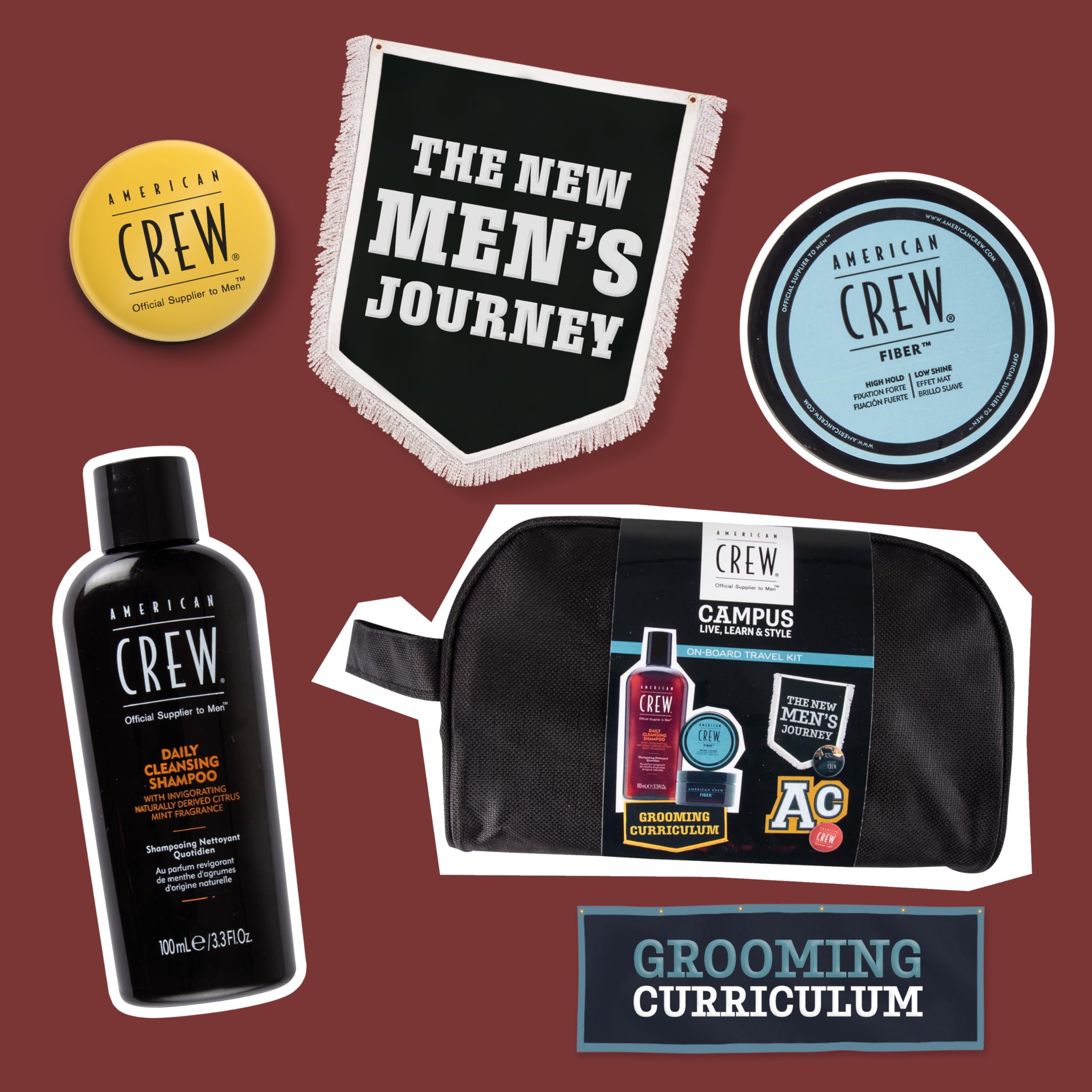 American Crew ON-BOARD TRAVEL KIT, Set Viaggio Cera Capelli & Shampoo, Pochette Regalo + AC Fiber 85 gr + AC Daily Cleansing Shampoo 100 ml
