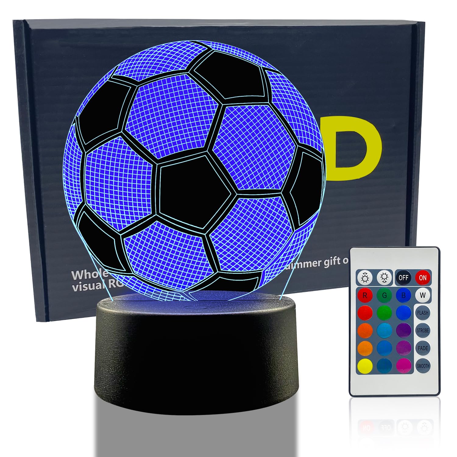 Yeefunjoy 3D LED Lámpara, Fútbol 3D Lámpara Luz de Noche con Control Remoto 16 Colores Lámpara de de Ilusión óptica Decoración Cambio Futbol Regalos Cumpleaños Navidad Decoración para Niño y Adultos