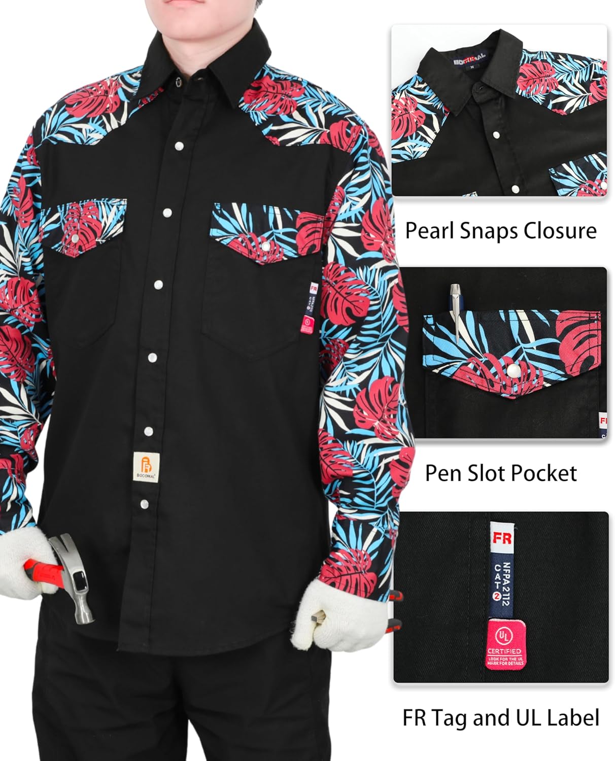 BOCOMAL FR Shirts Pearl Snaps Two Tone Plaid/Solid Flame Resistant Cotton Welding Shirt NFPA 2112 CAT 2 - Image 4