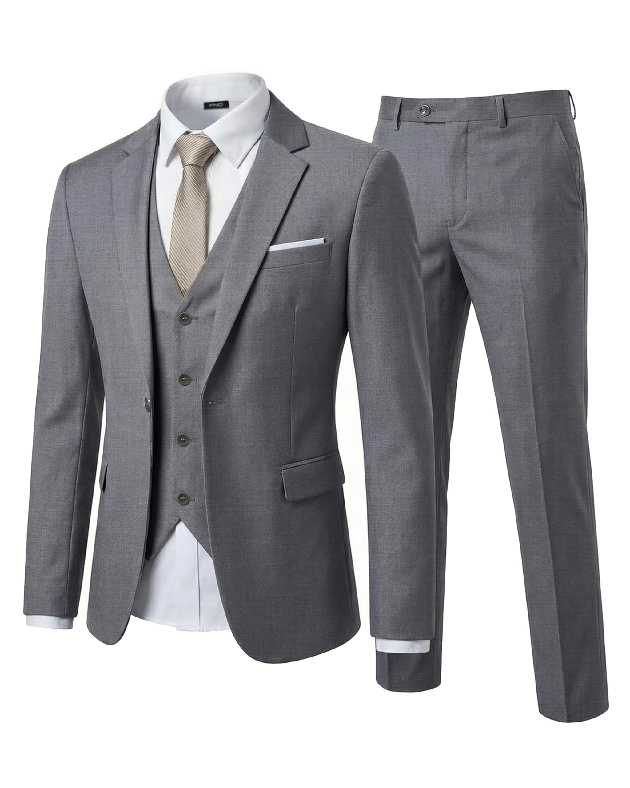 YND Men's Slim Fit 3 Piece Suit Set, One Button Solid Blazer Vest Pants with Tie