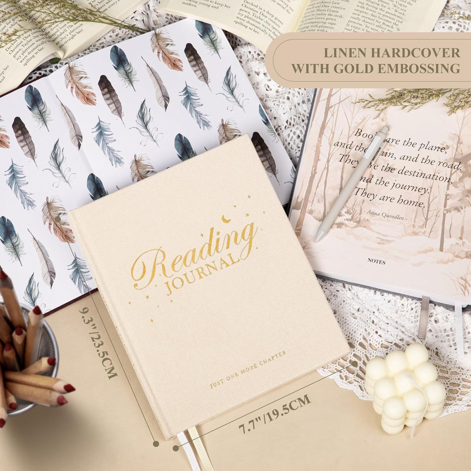 Lanpn Reading Journal Book Journal for Book Lovers Readers, 9.3" x 7.7" Book Tracker Journal, Linen Hardcover Reading Log Book with 52 Book Reviews, 158 Pages Reading Notebook Bookish Gifts (Beige) - Image 2