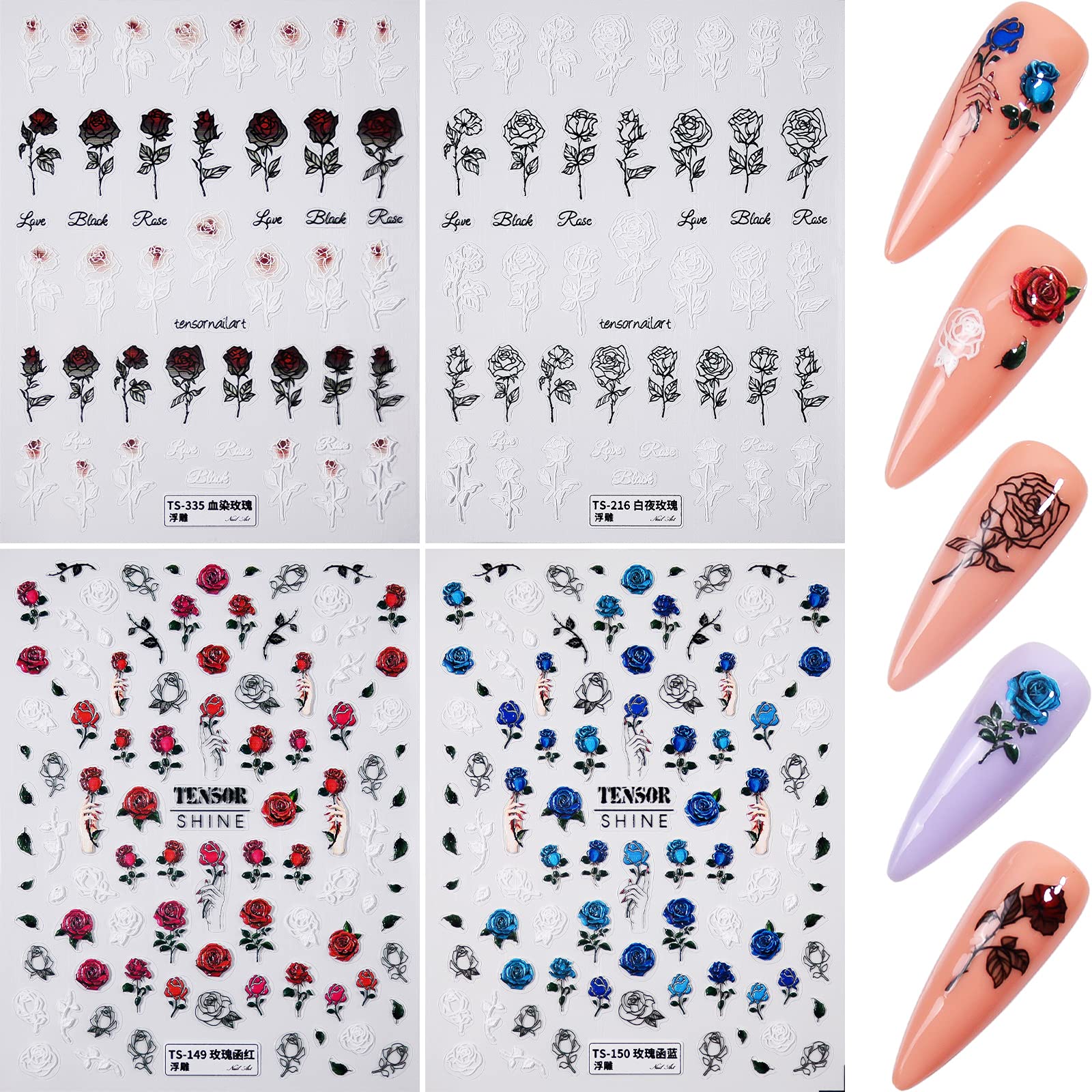 Amazon.com: 4 Sheets Rose Flowers Nail Stickers Self Adhesive 3D Embossed  Blue, Red, Black and White Rose Nail Decals DIY Nail Art Designs for  Acrylic Nails Decoration (Rose) : Beauty & Personal