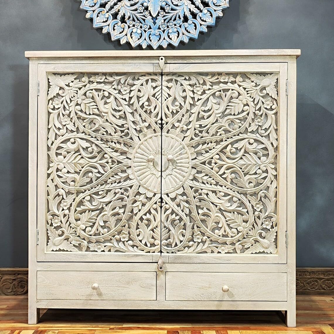 Carved Floral Wood Storage Cabinet - Elegant Wardrobe Organizer for Living Room, Drawing Room, and Lounge - Rustic Floral 2-Drawer 2-Door Storage Chest and Cabinet (White)-image-20