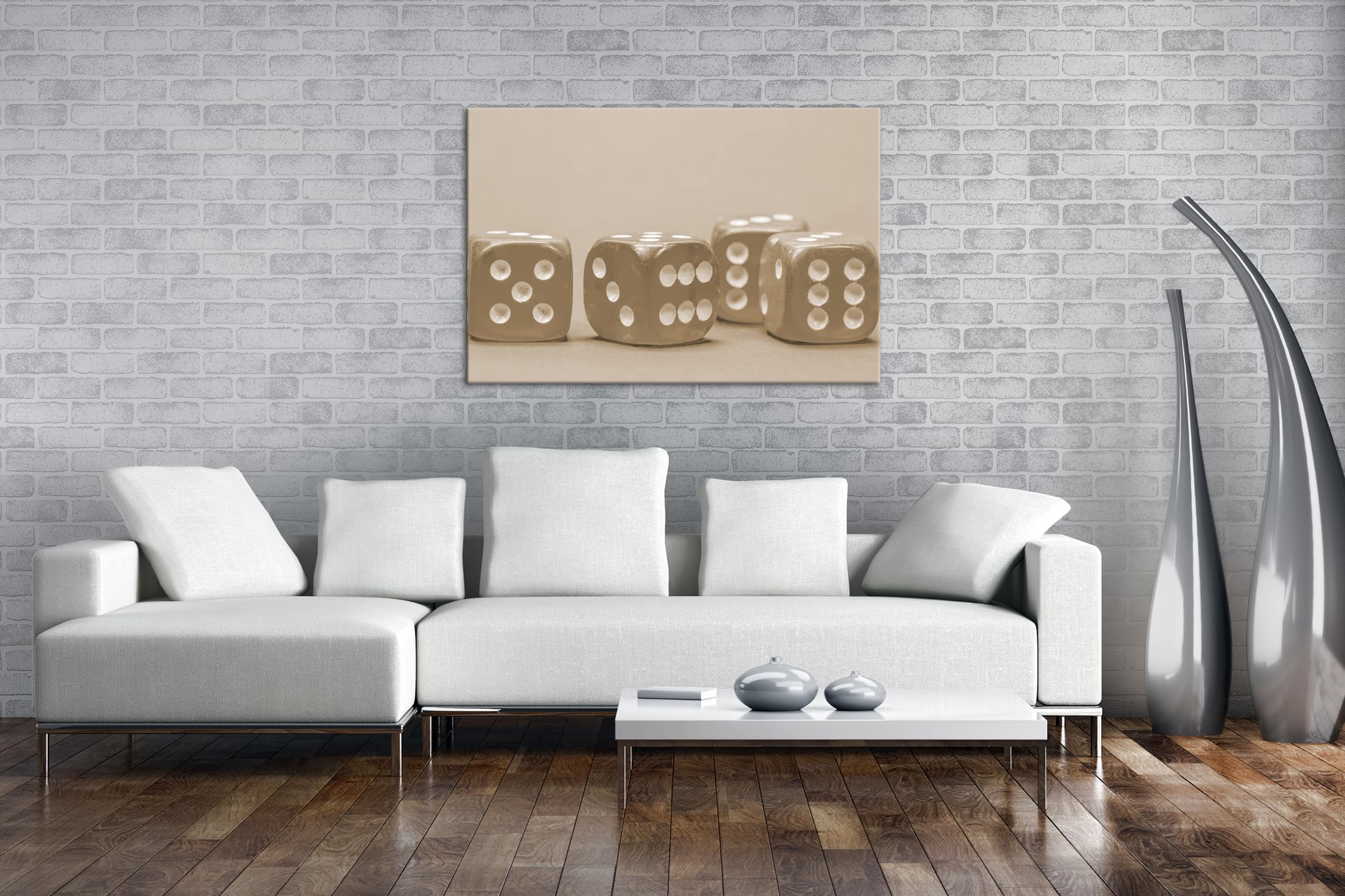 deyoli Kwadratowa kostka do gry, format: 75 x 50 cm efekt: sepia jako obraz na płótnie, motyw oprawiony na ramie z prawdziwego drewna, wysokiej jakości druk cyfrowy z ramą