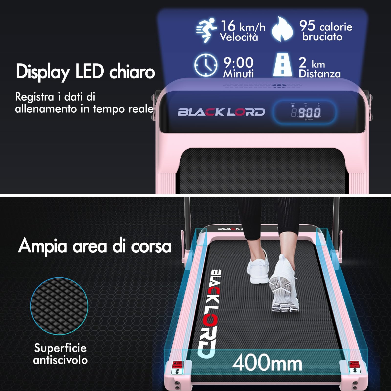BLACK LORD Tapis roulant, 4-in-1 Walking pad 12/16 km/h, Tappetino da corsa con/senza inclinazione del 9%, Sotto la scrivania, Portatile, Silenzioso, Display LED, App, Capacità di carico 140 kg