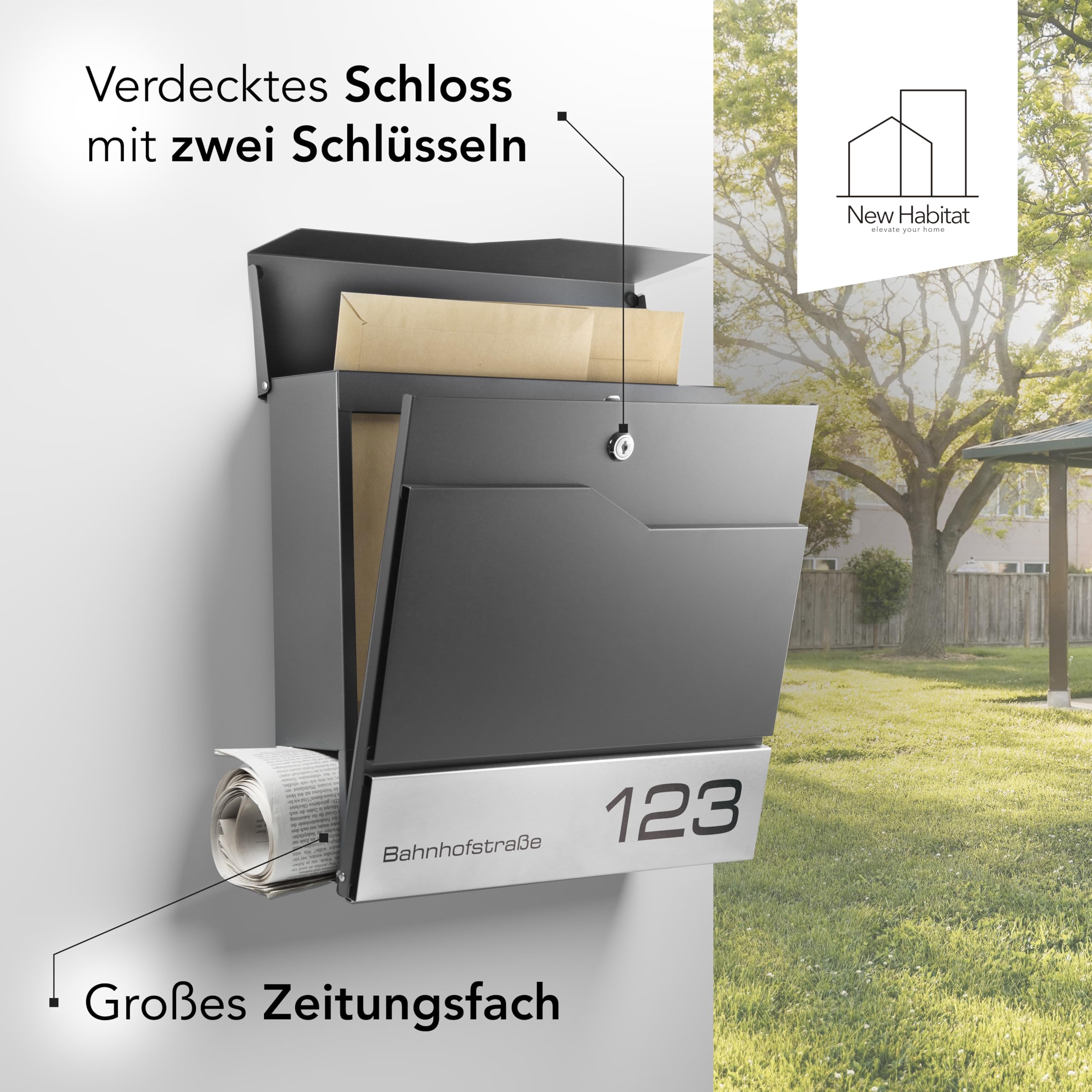 Moderner Briefkasten Personalisierbar Manhattan Anthrazit RAL7016 - mit Zeitungsfach - Wandbriefkasten mit Edelstahl Namensschild und Hausnummer Gravur I Rostfrei und UV-beständig (Mit Gravur)