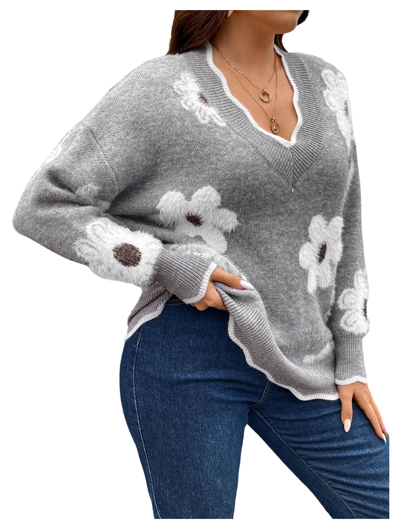 SOLY HUX Womens Plus Size Floral Sweater V Neck Drop Shoulder Long Sleeve Pullover Jumper Tops