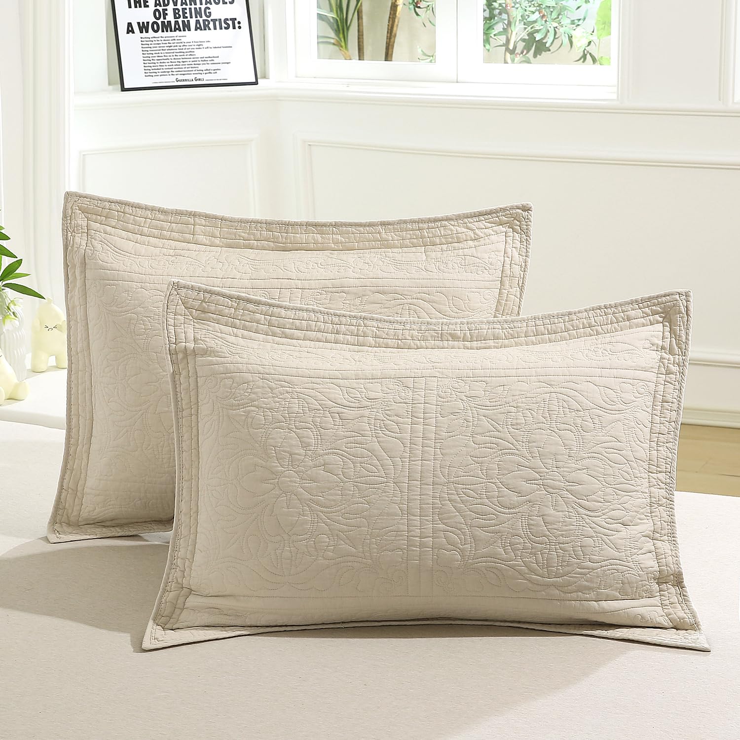 WINLIFE 100% Cotton Quilted Pillow Sham Floral Printed Pillow Cover (Standard, Beige)