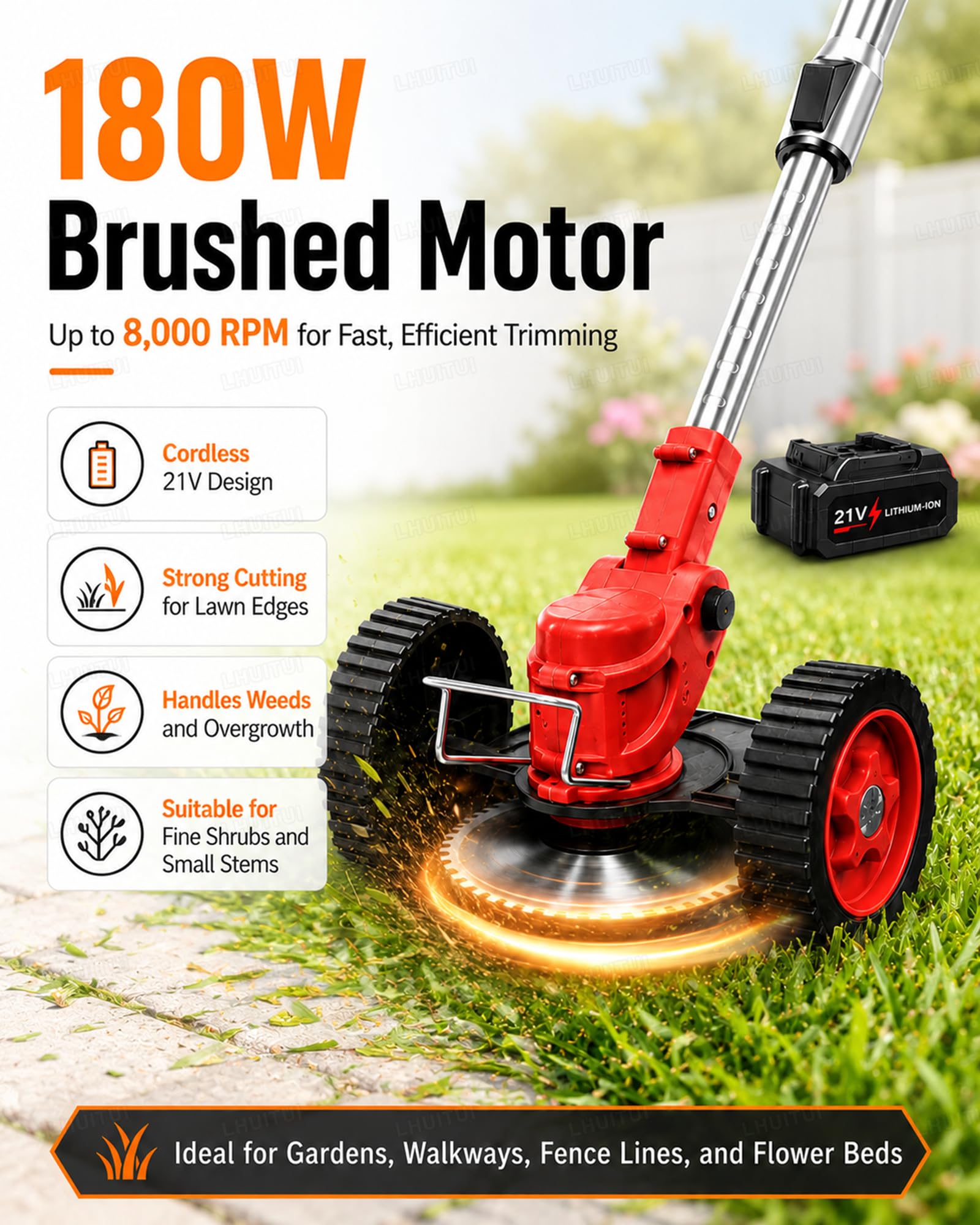 Cortabordes Inalámbrico con Disco de Sierra de 15 cm y 7 Cuchillas Black-5-CellBattery | El disco corta ramas pequeñas, las cuchillas metálicas trabajan maleza densa y las plásticas perfilan el césped