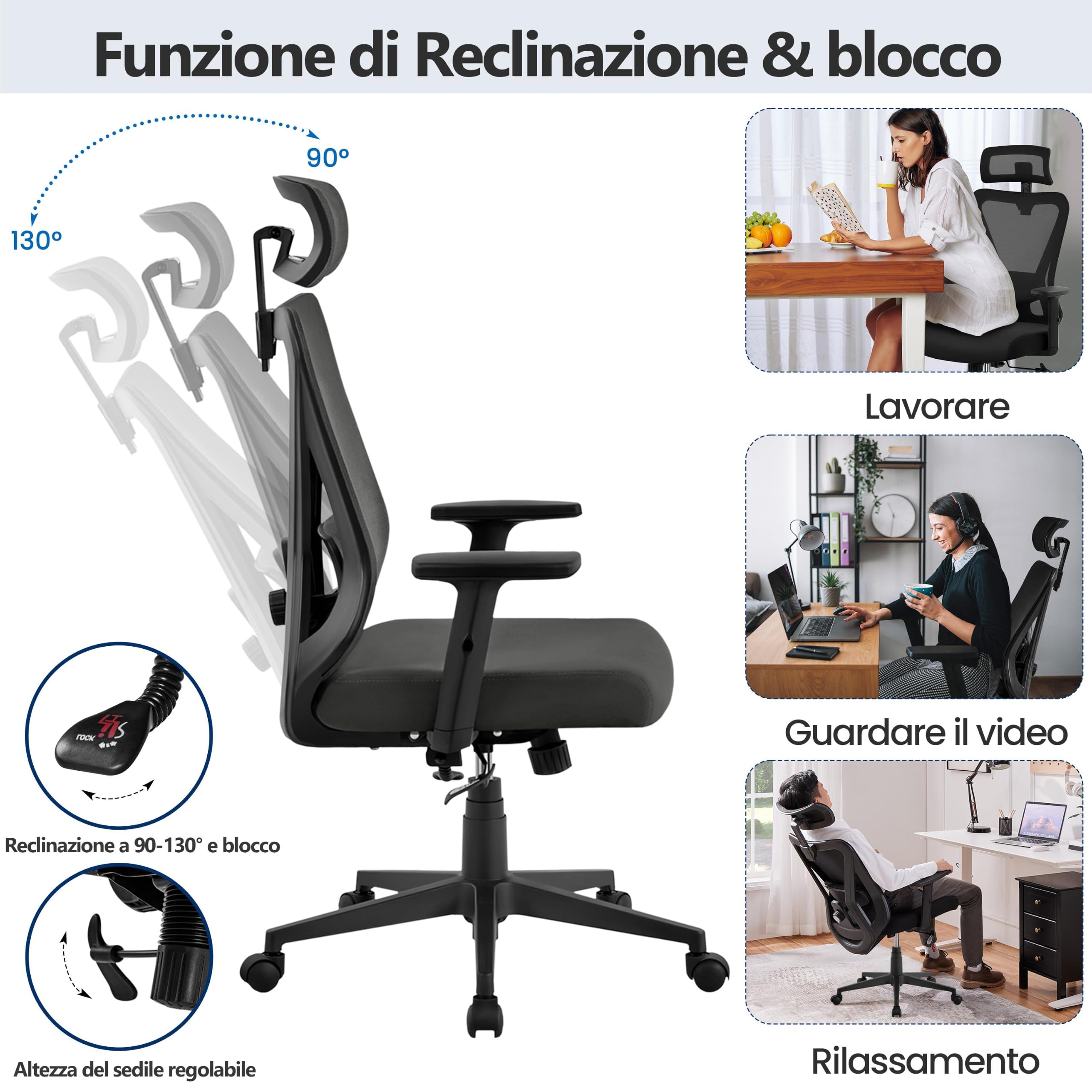 Poltrona Sedia da Ufficio Scrivania Ergonomica Reclinabile Nero