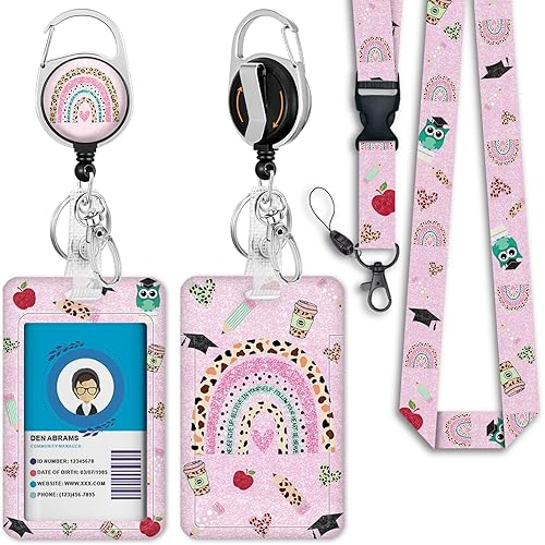 Rainbow Teacher Lanyards for Id Badges, Cute Badge Reel Heavy Duty with Carabiner Clip, Fashionable ID Badge Holder with Lanyard, Teacher Nurse Office Gifts