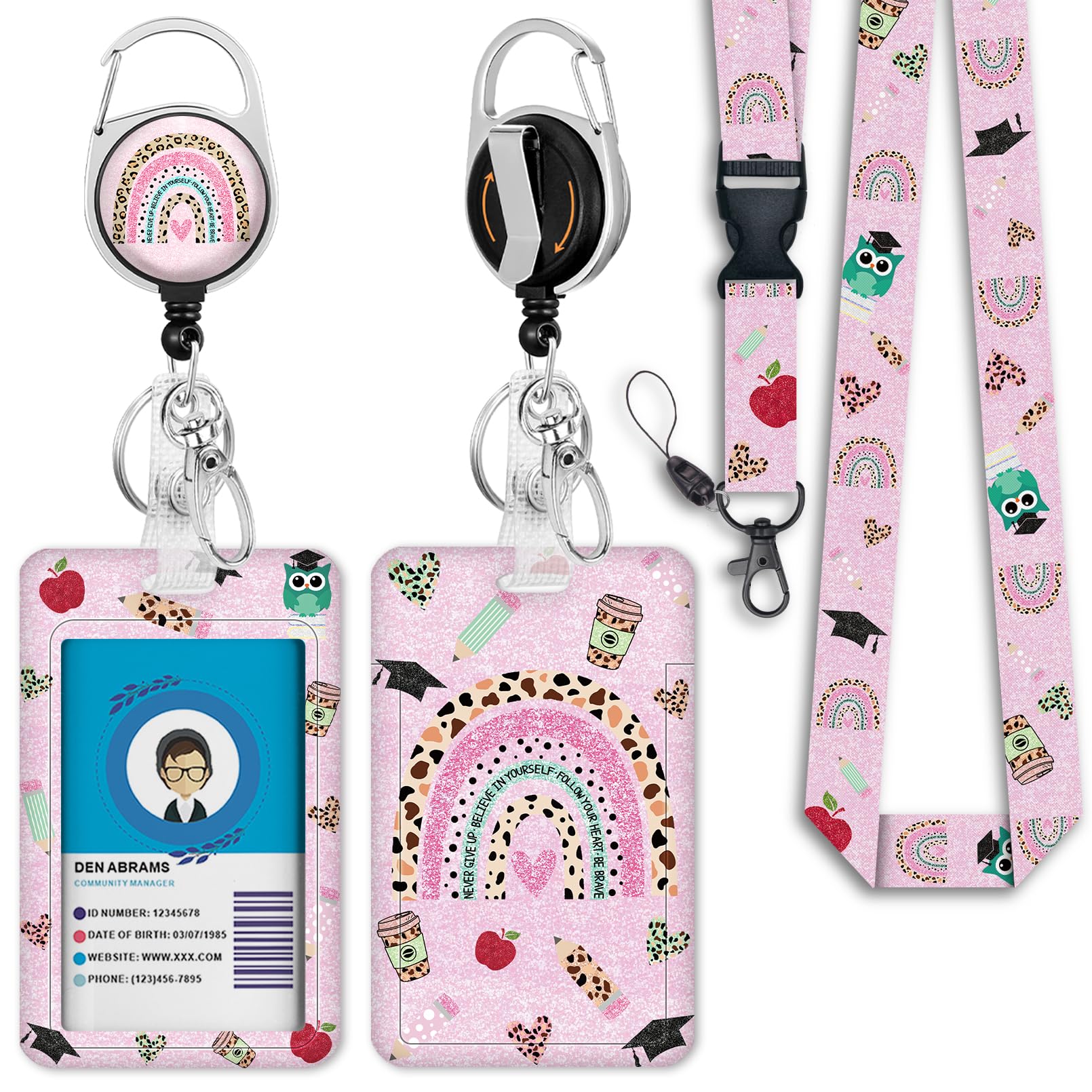 Rainbow Teacher Lanyards for Id Badges, Cute Badge Reel Heavy Duty with Carabiner Clip, Fashionable ID Badge Holder with Breakaway Lanyard, Teacher